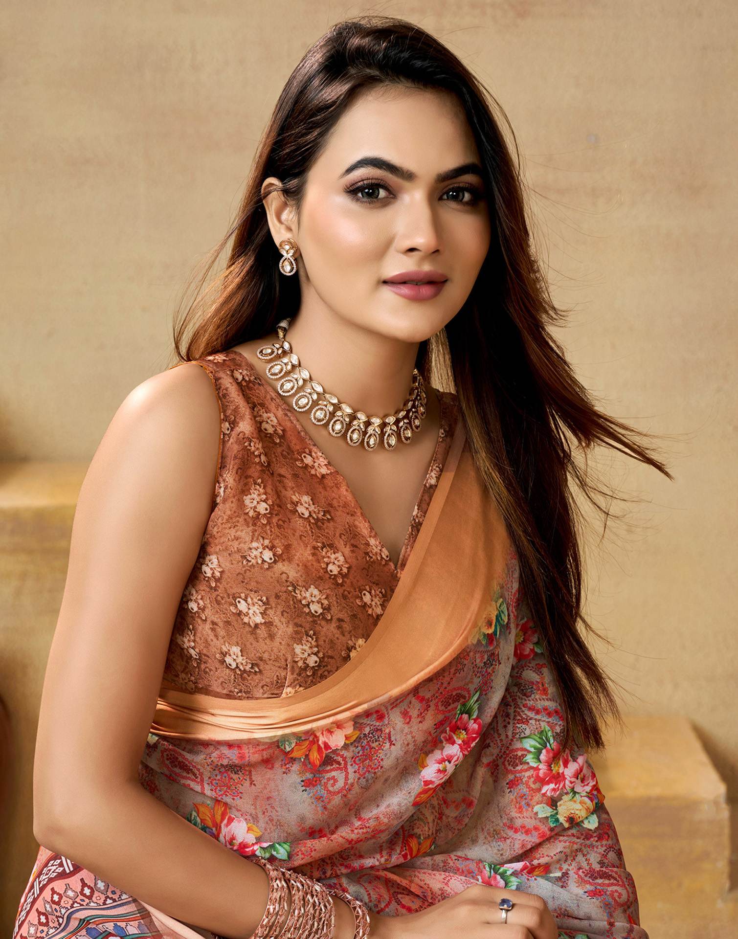 Ready To Wear Peach Georgette Floral Printed Saree