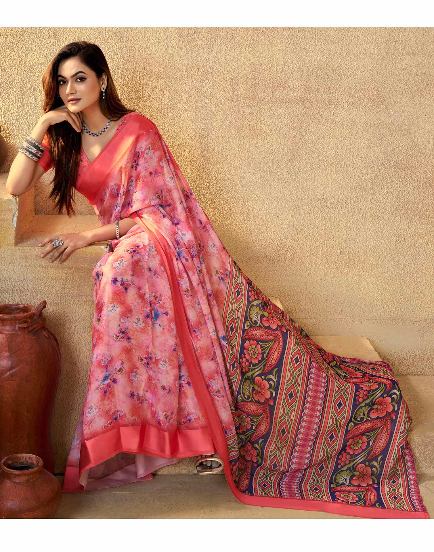 Ready To Wear Coral Red Georgette Floral Printed Saree