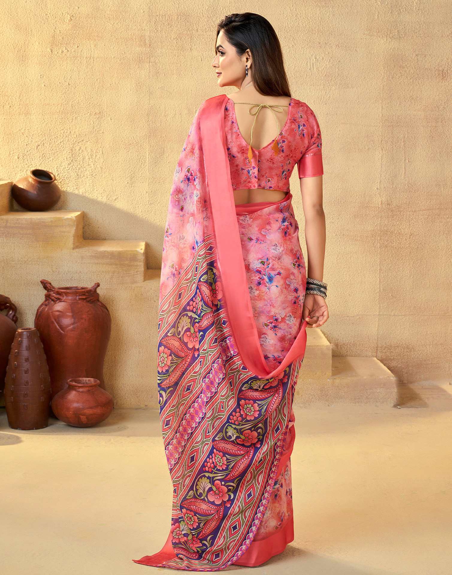 Ready To Wear Coral Red Georgette Floral Printed Saree