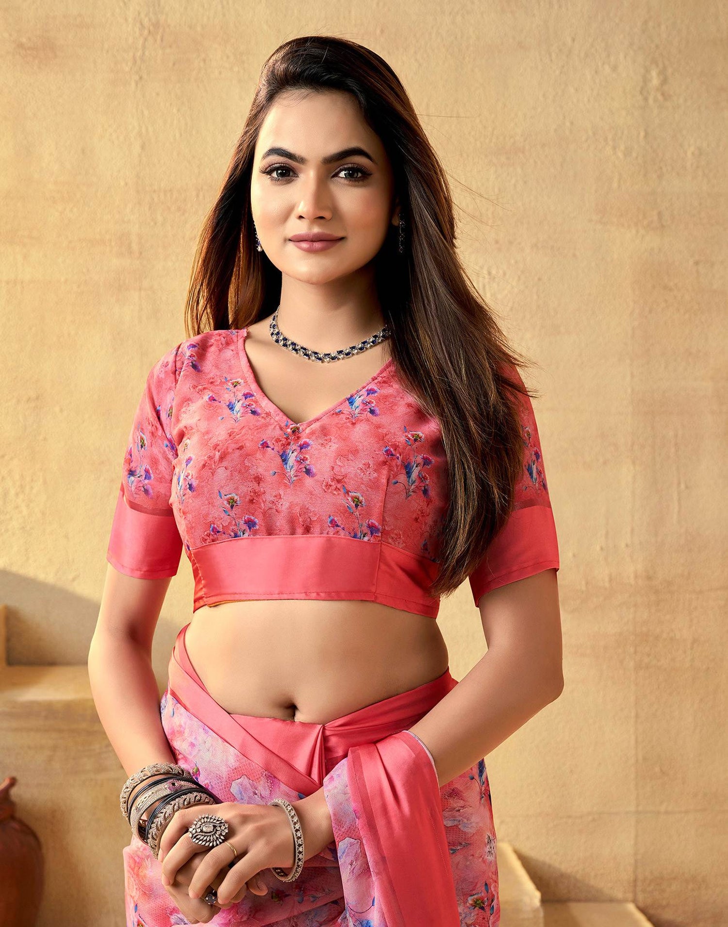 Ready To Wear Coral Red Georgette Floral Printed Saree