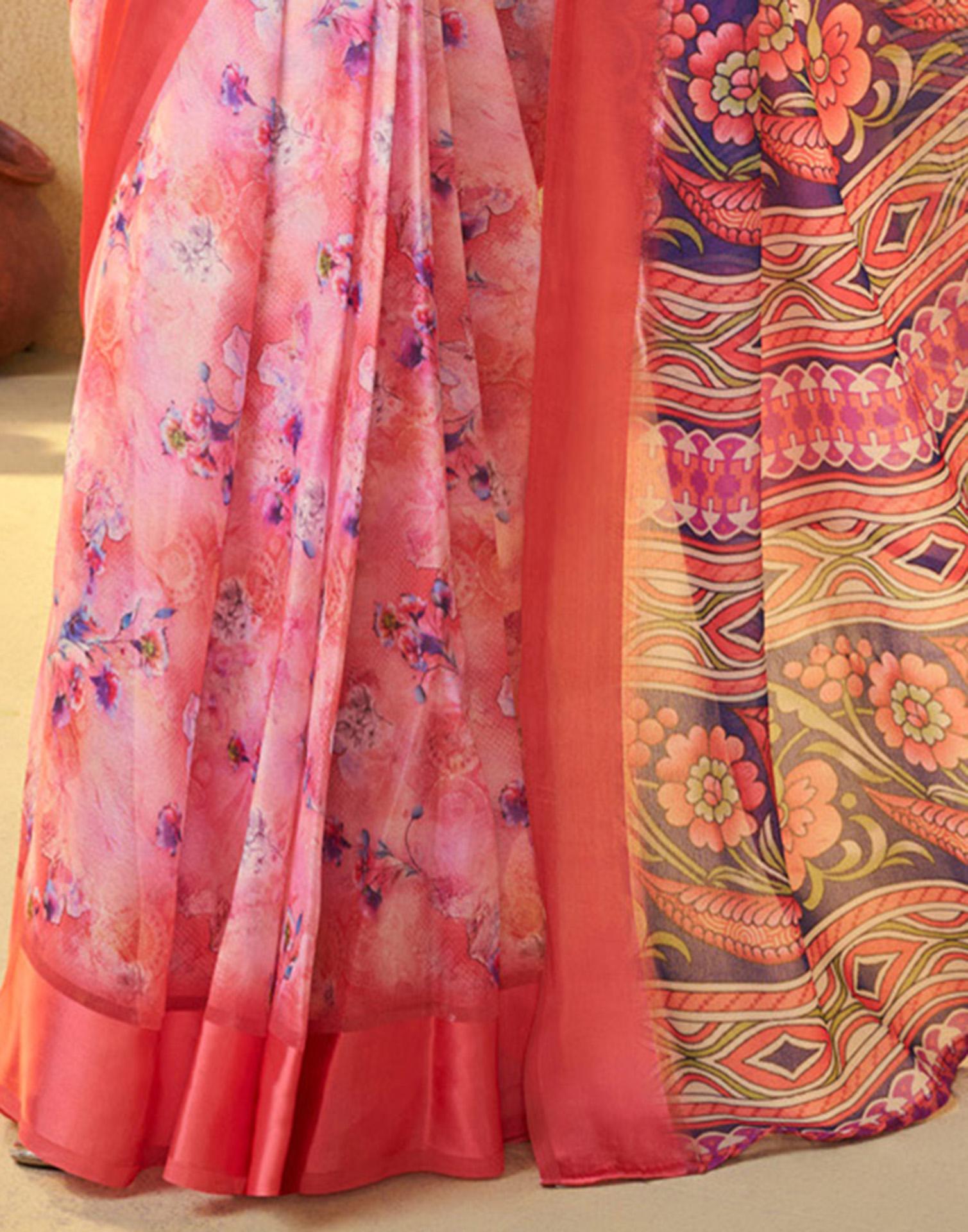 Ready To Wear Coral Red Georgette Floral Printed Saree
