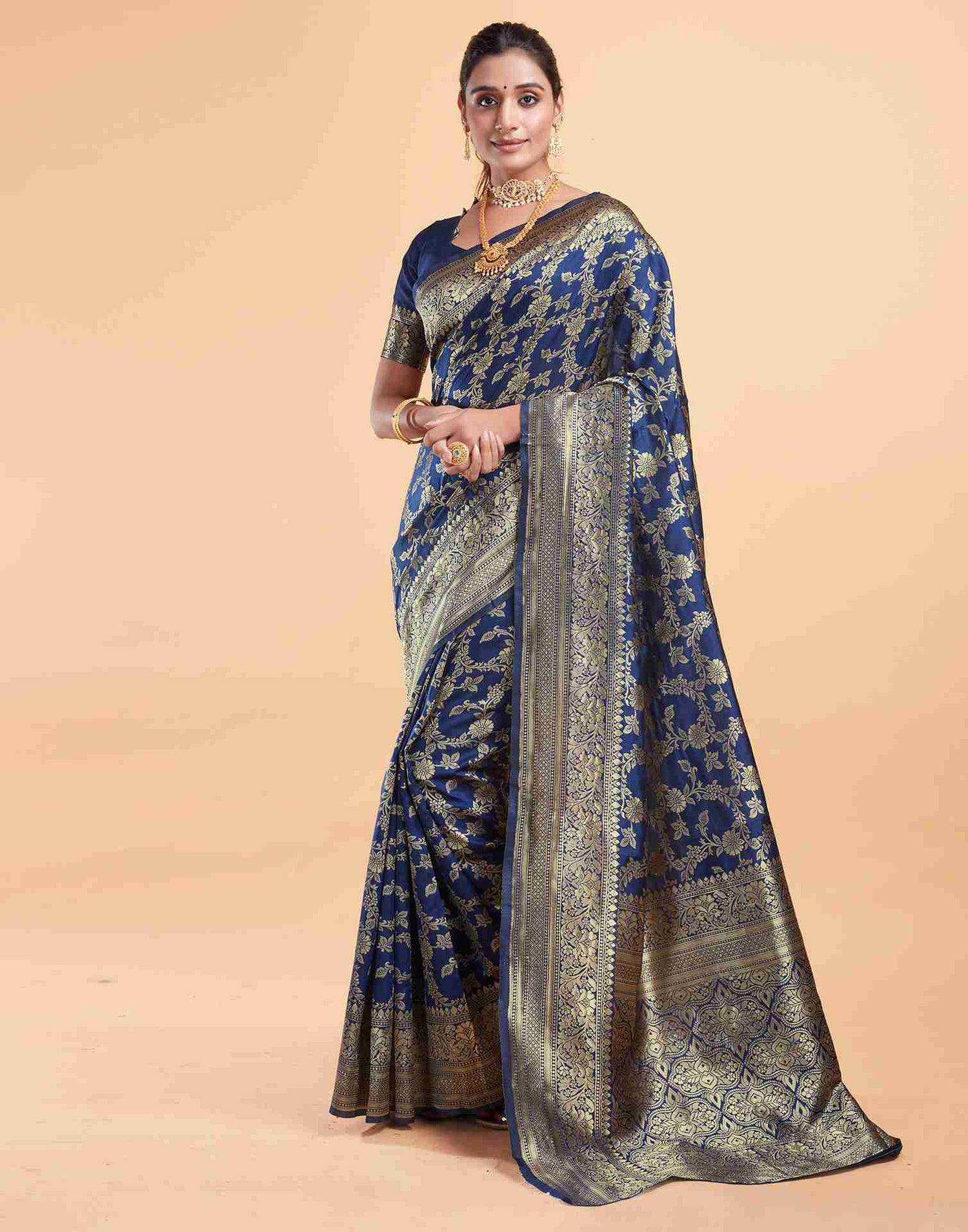 Navy Blue Silk Woven Banarasi Saree
