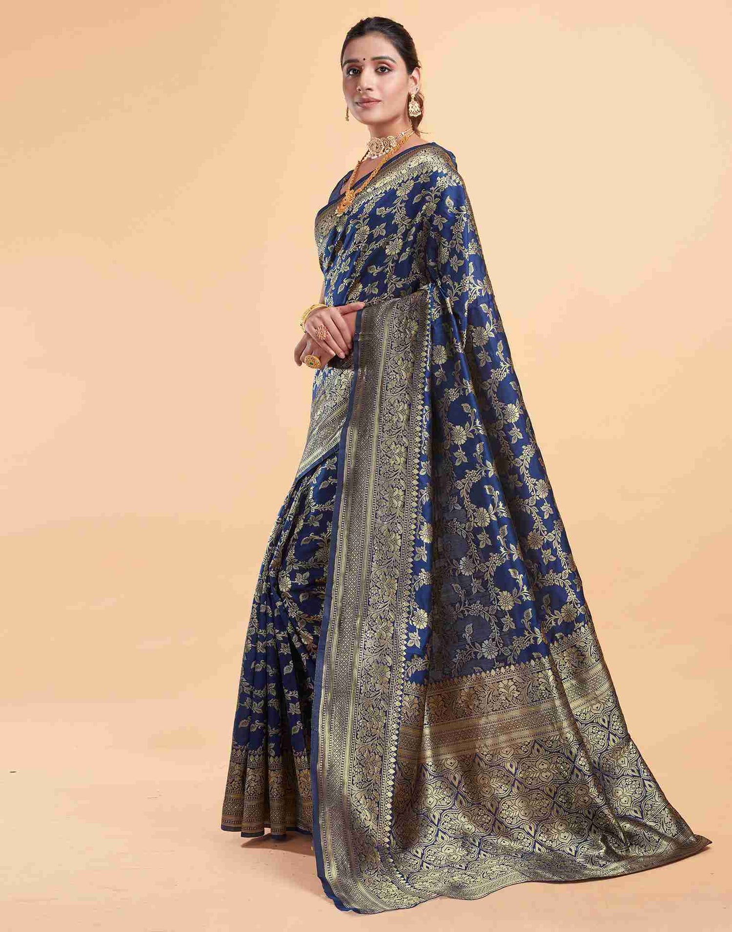 Navy Blue Silk Woven Banarasi Saree