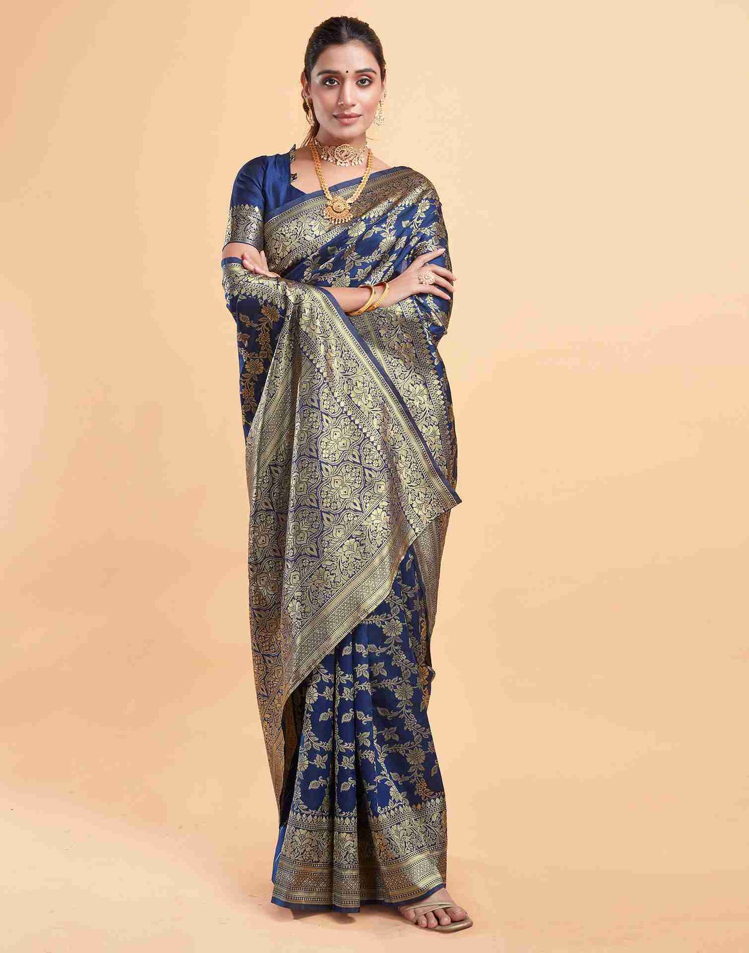 Navy Blue Silk Woven Banarasi Saree