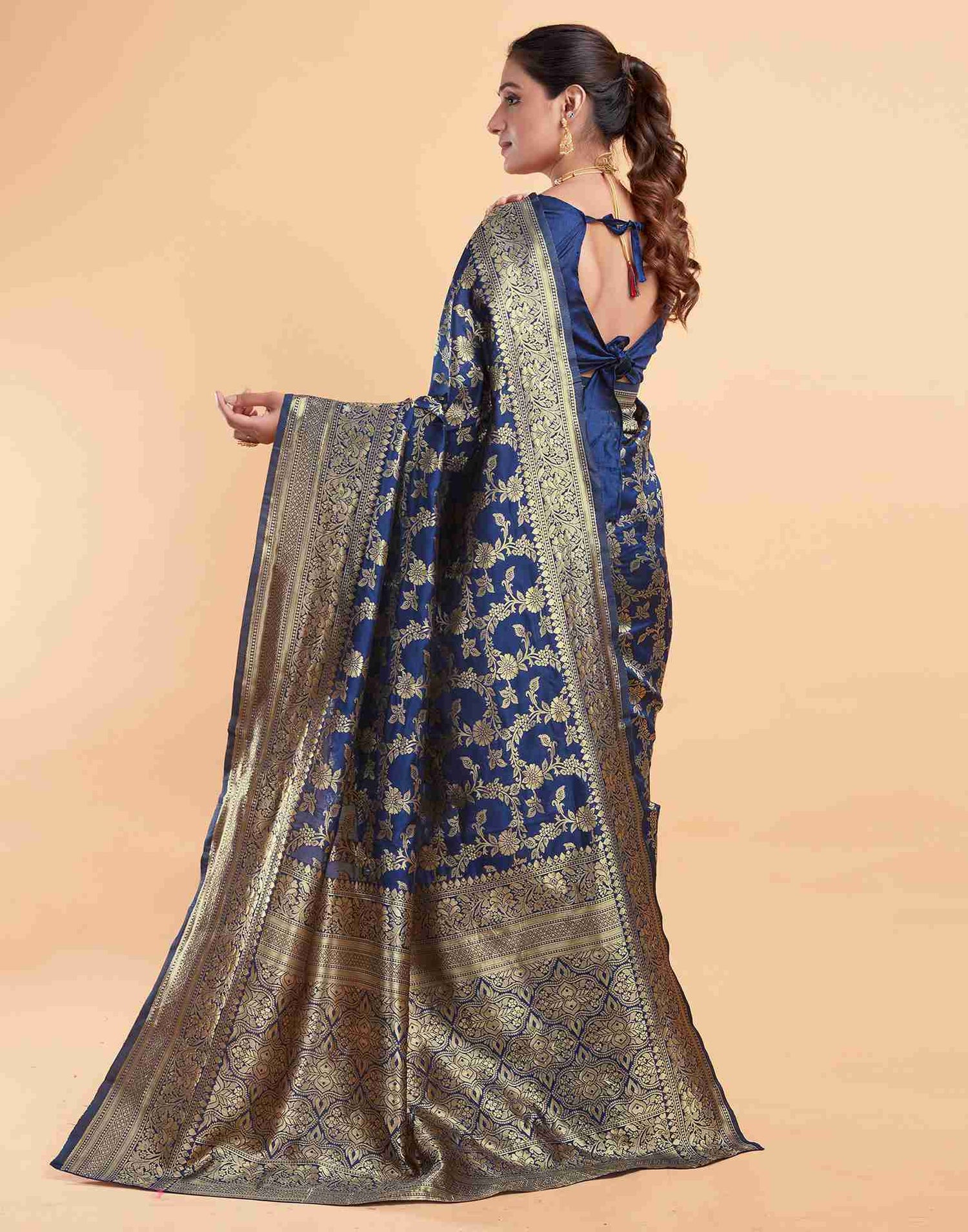 Navy Blue Silk Woven Banarasi Saree