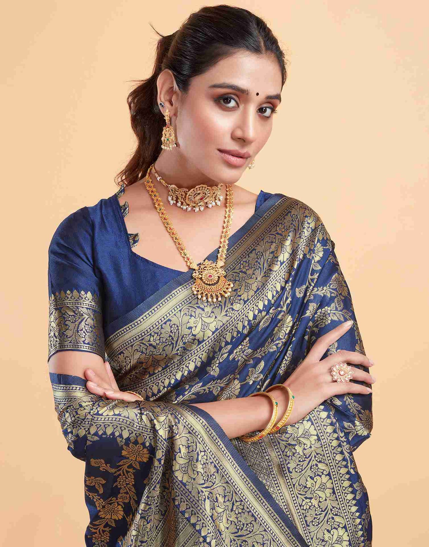 Navy Blue Silk Woven Banarasi Saree