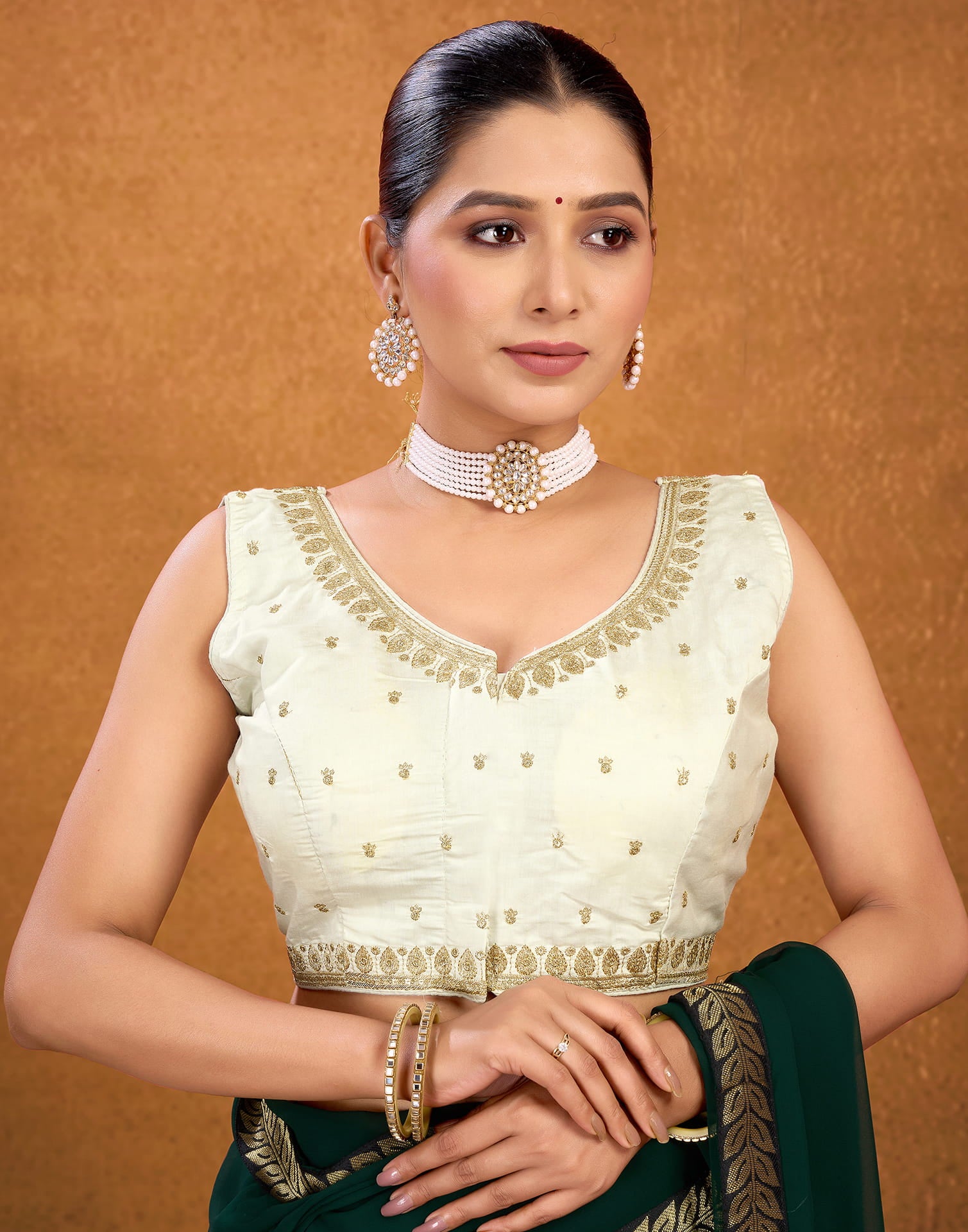 Off White Silk Sequence Embroidery Blouse