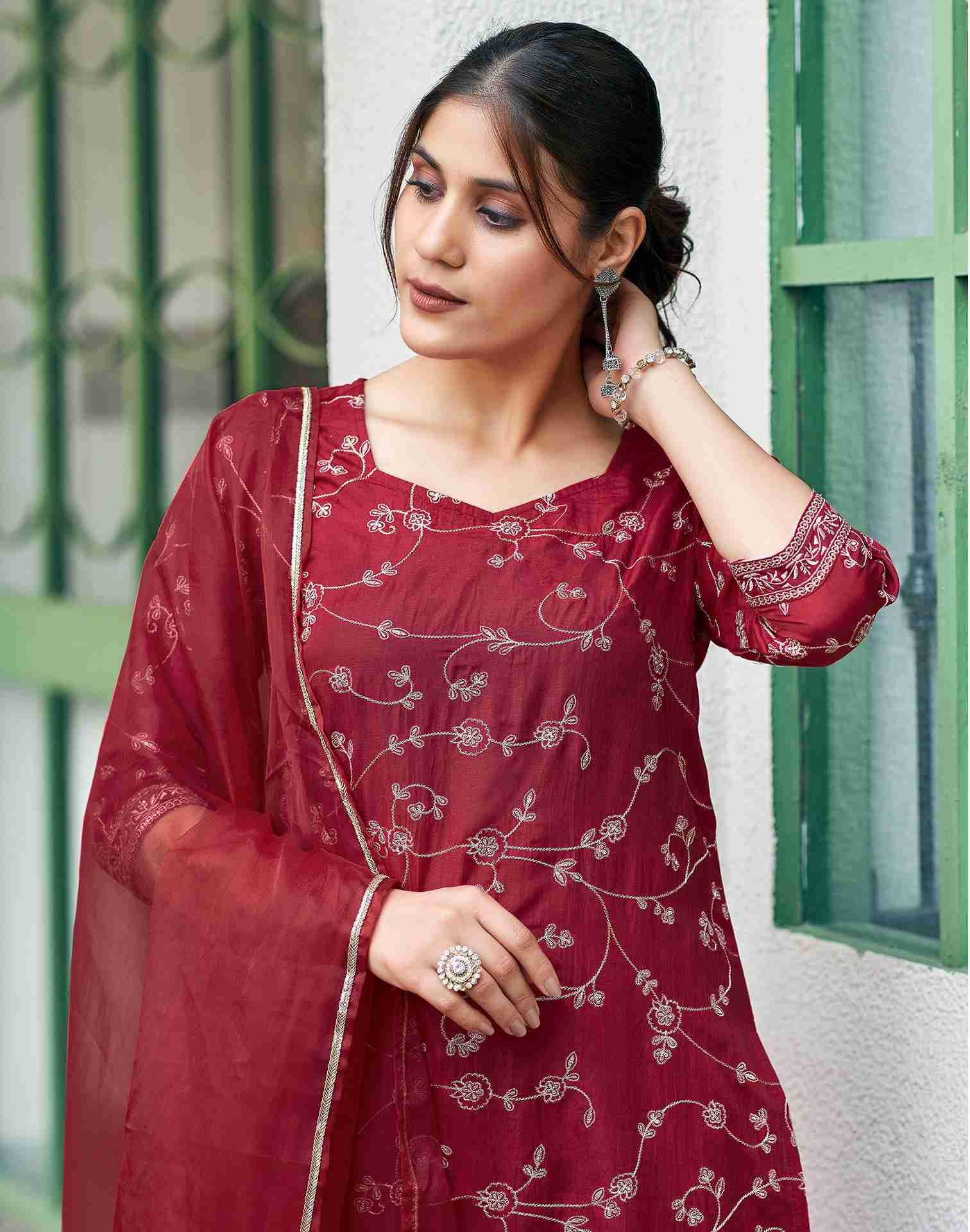 Maroon Plain Chinnon Straight Kurta With Pant And Dupatta