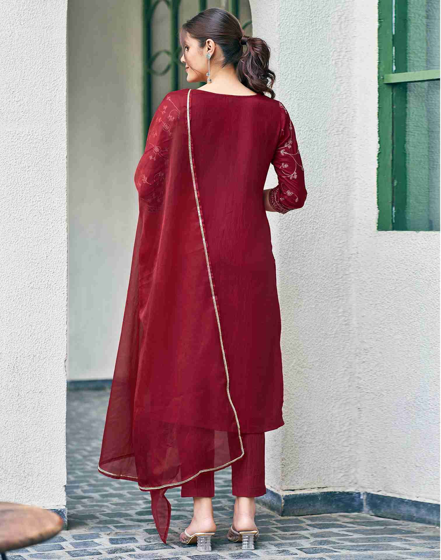 Maroon Plain Chinnon Straight Kurta With Pant And Dupatta