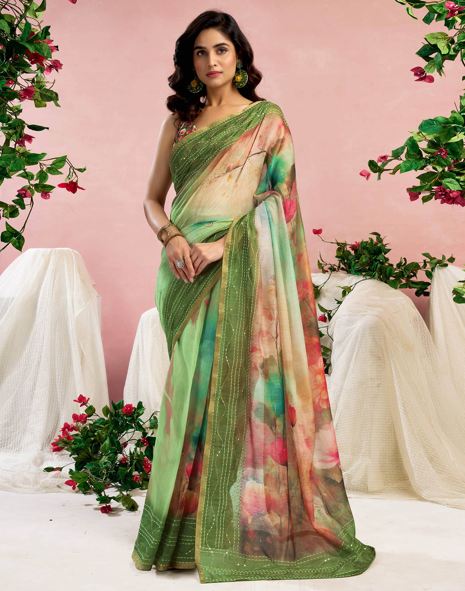 Ready To Wear Green Chanderi Embroidery Floral Printed Saree
