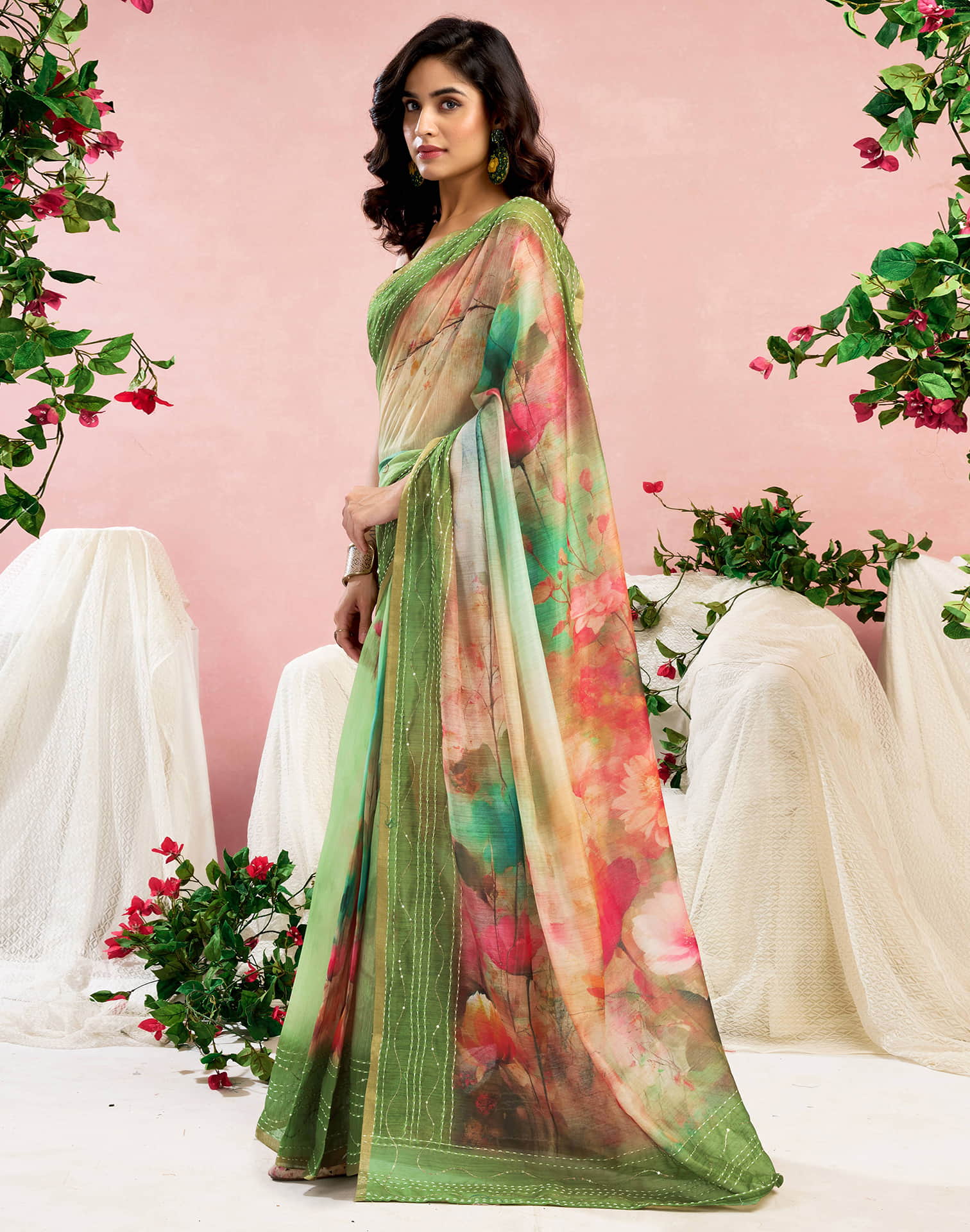 Ready To Wear Green Chanderi Embroidery Floral Printed Saree
