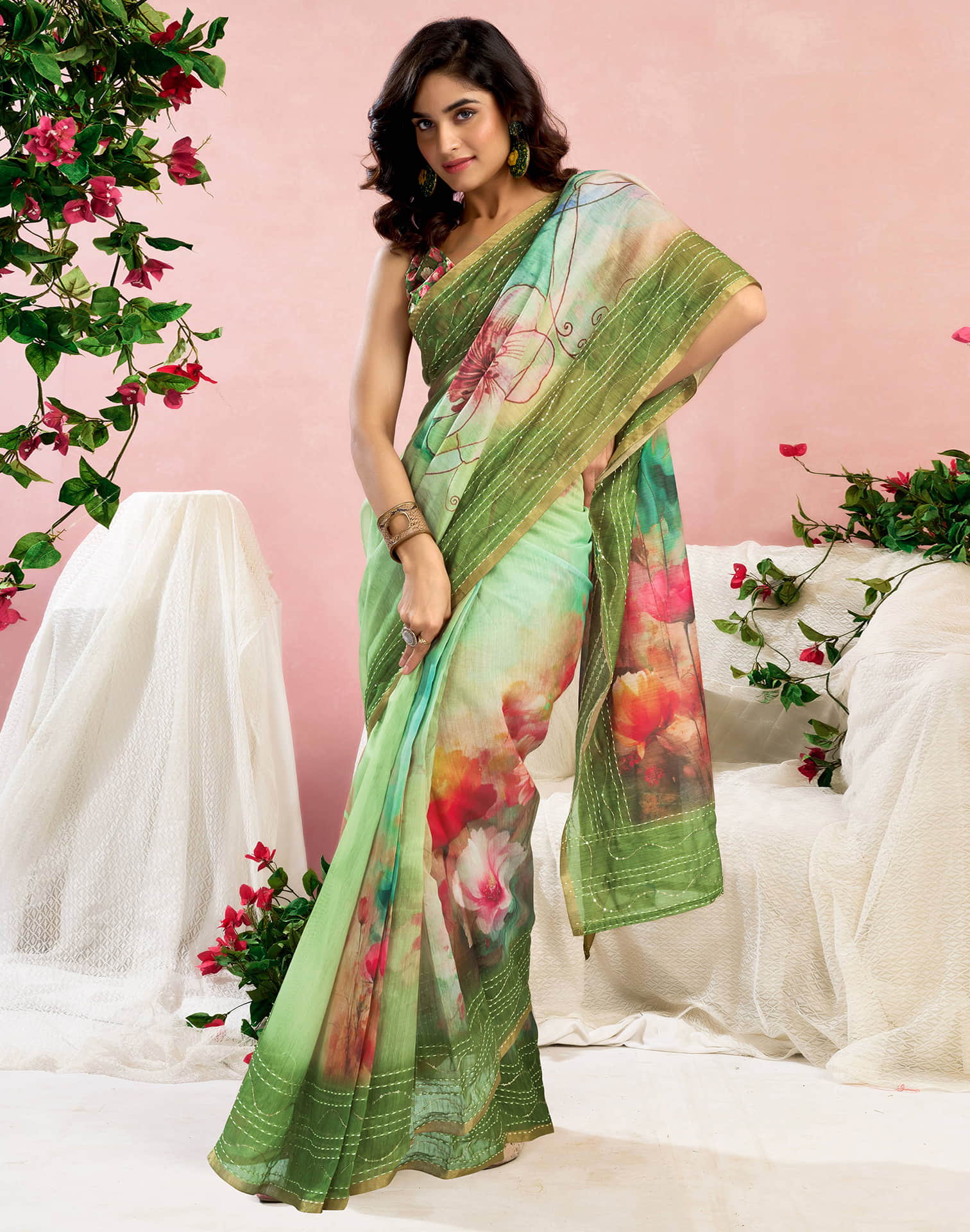 Ready To Wear Green Chanderi Embroidery Floral Printed Saree