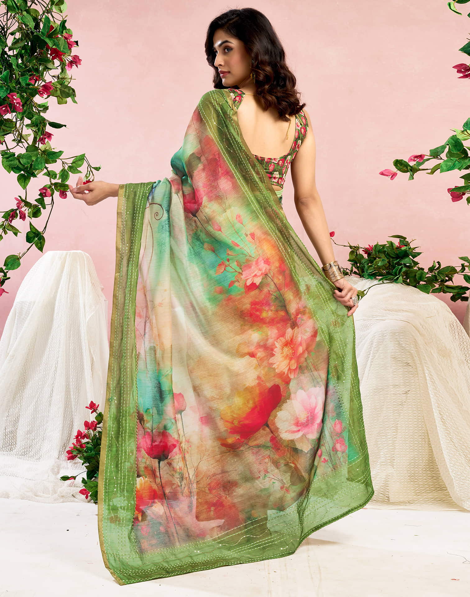 Ready To Wear Green Chanderi Embroidery Floral Printed Saree