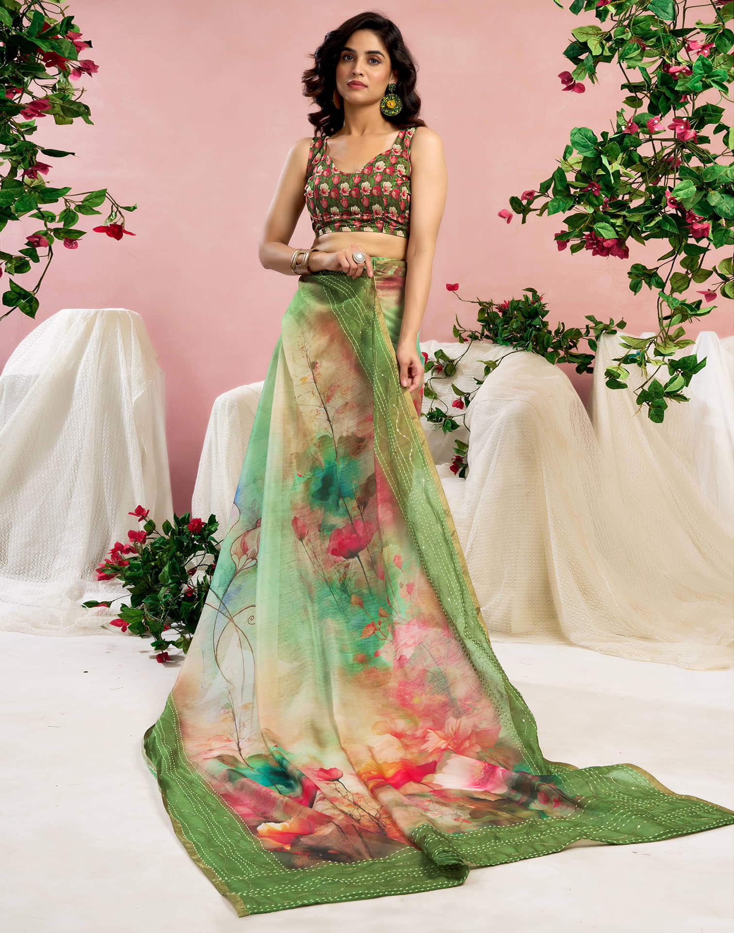 Ready To Wear Green Chanderi Embroidery Floral Printed Saree