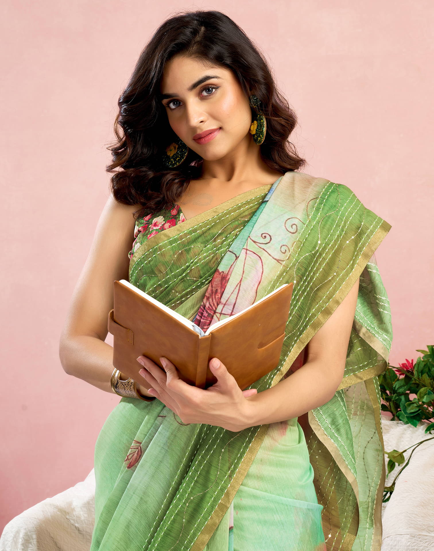 Ready To Wear Green Chanderi Embroidery Floral Printed Saree