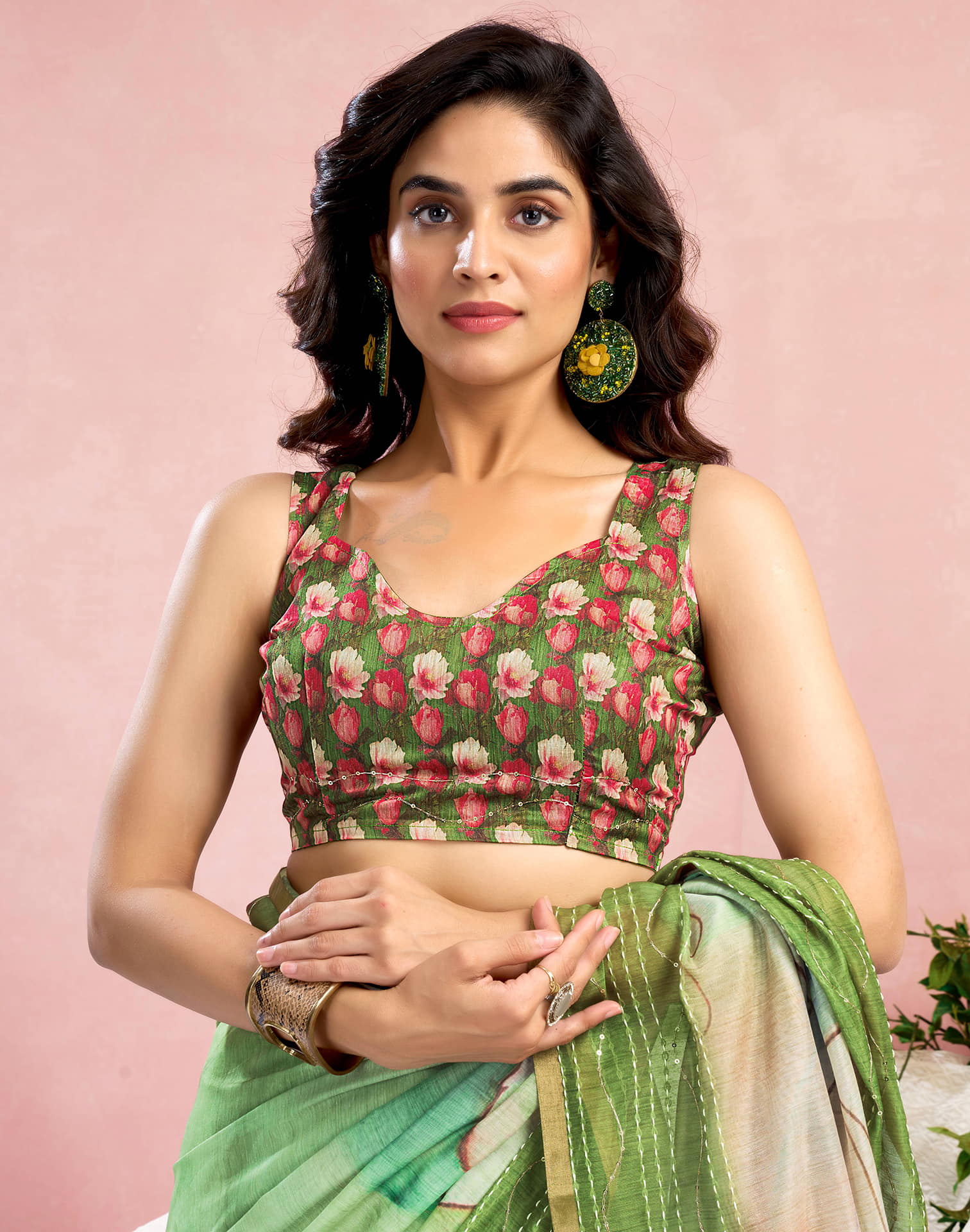 Ready To Wear Green Chanderi Embroidery Floral Printed Saree
