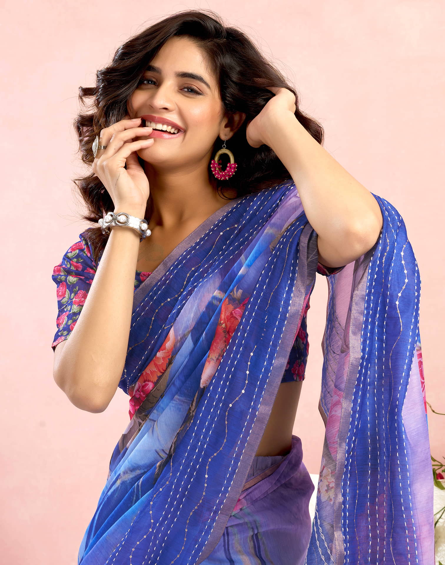Ready To Wear Blue Chanderi Embroidery Floral Printed Saree