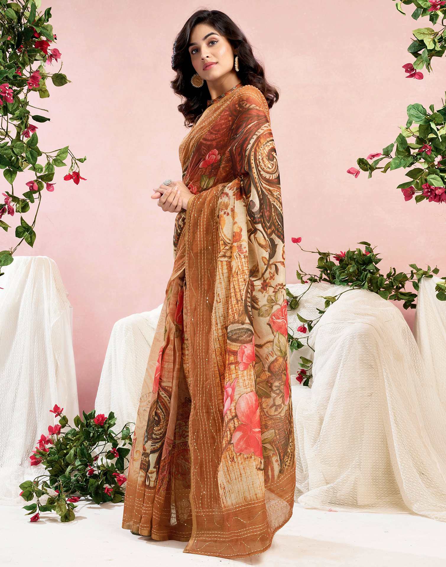 Ready To Wear Brown Chanderi Embroidery Floral Printed Saree