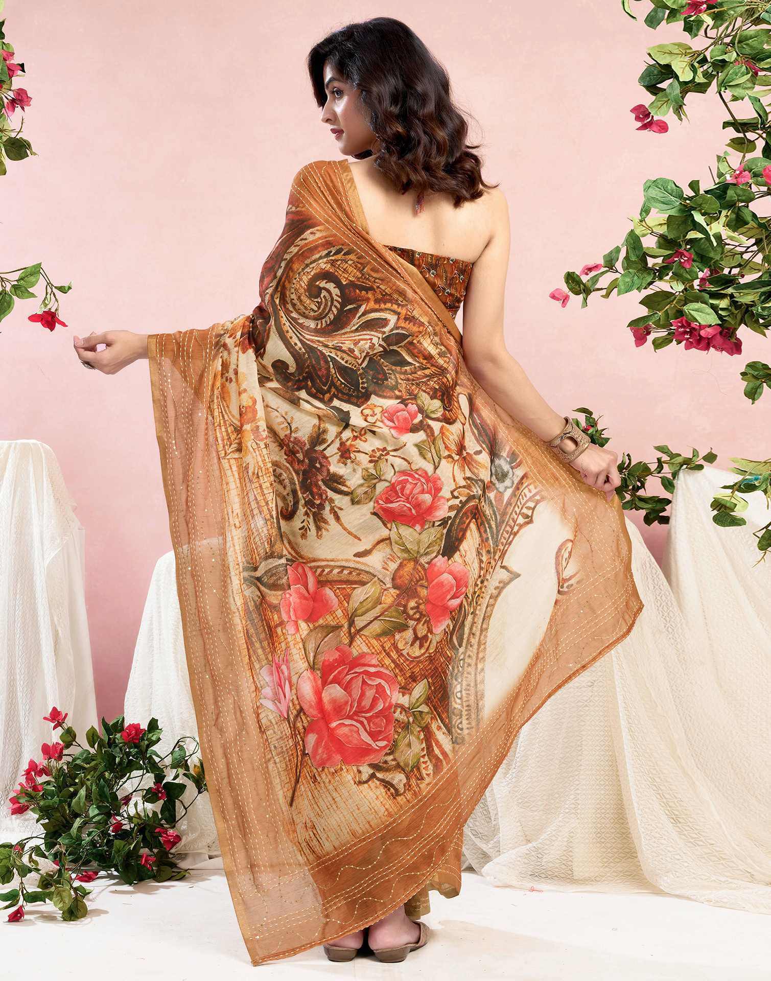 Ready To Wear Brown Chanderi Embroidery Floral Printed Saree