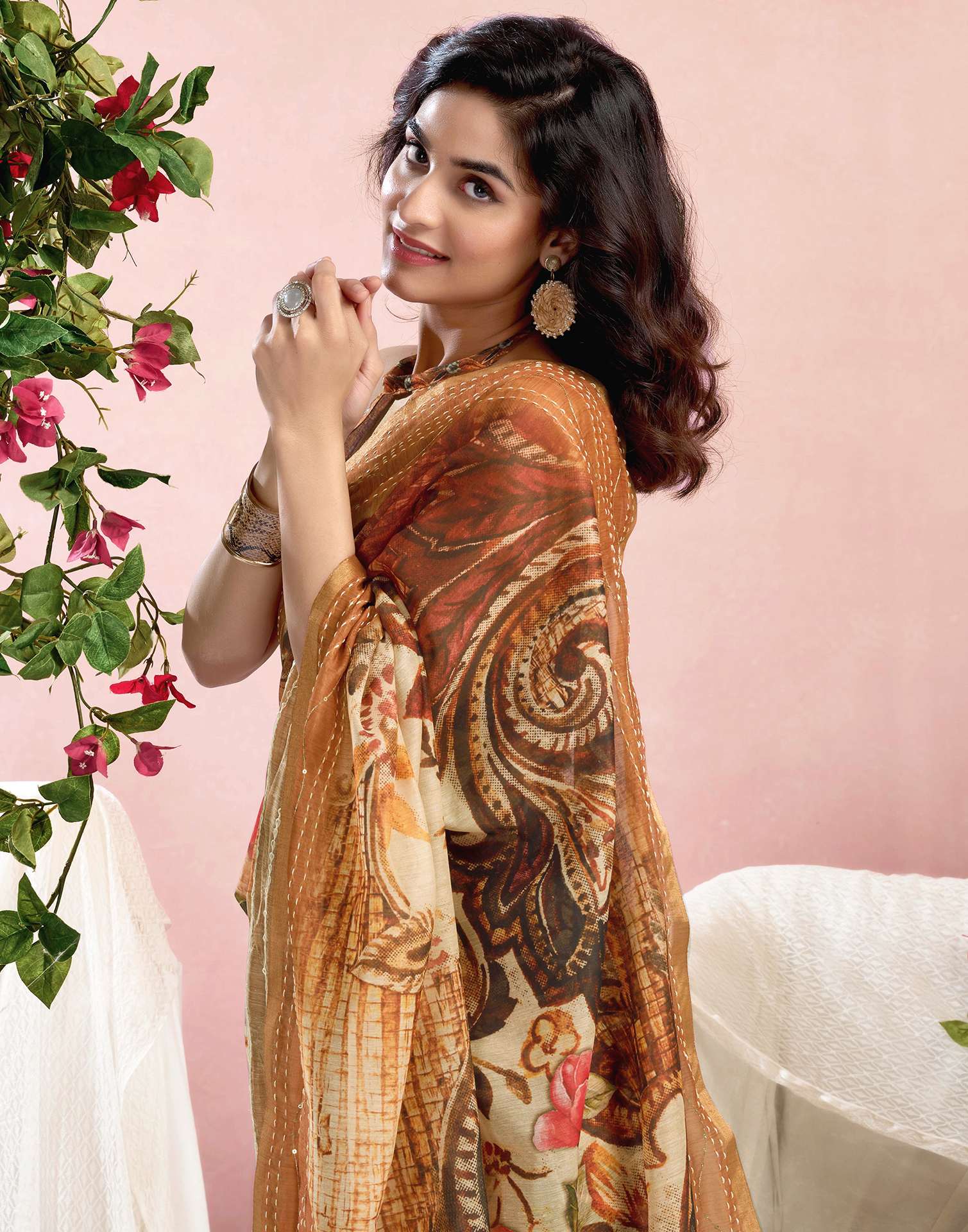 Ready To Wear Brown Chanderi Embroidery Floral Printed Saree