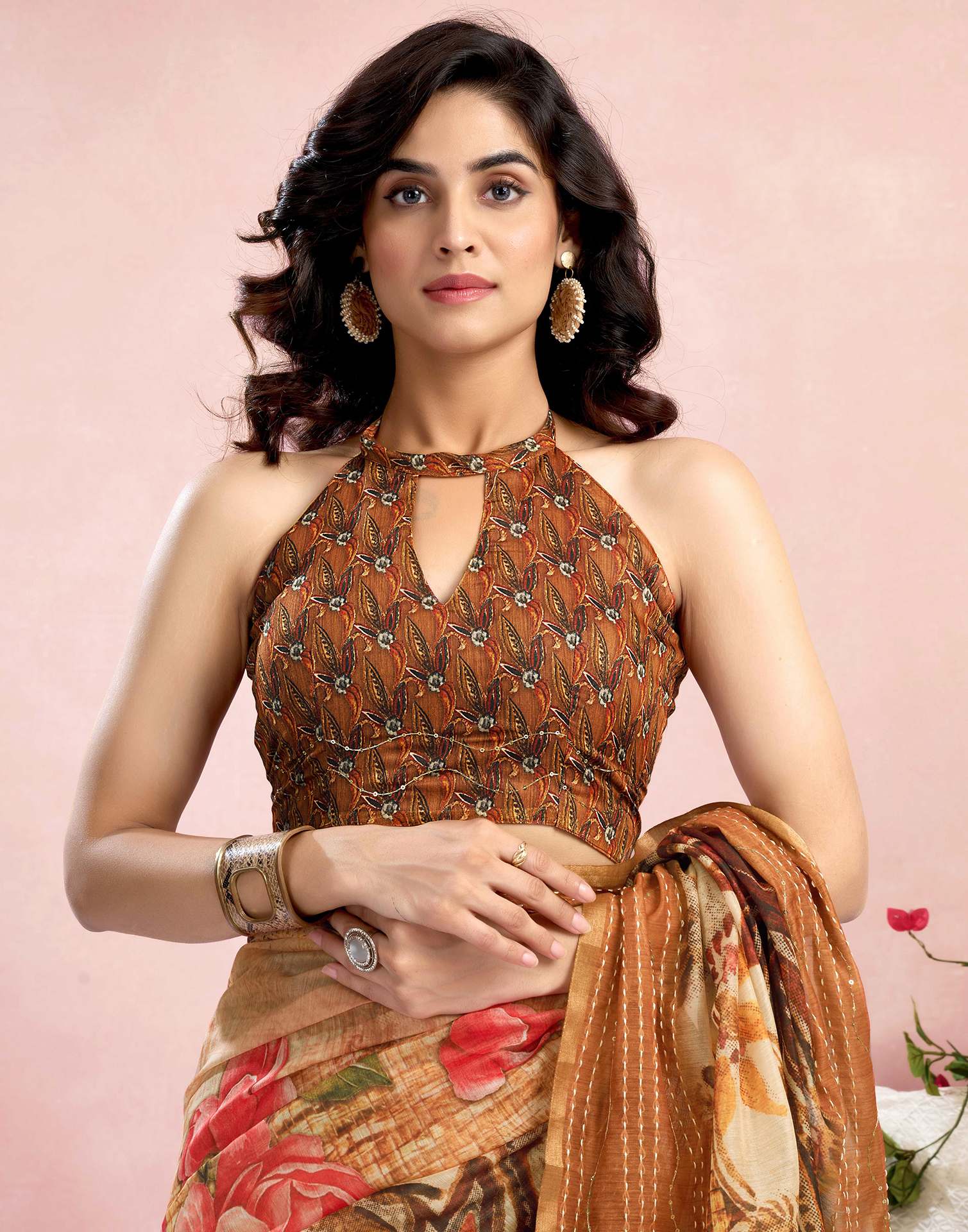 Ready To Wear Brown Chanderi Embroidery Floral Printed Saree
