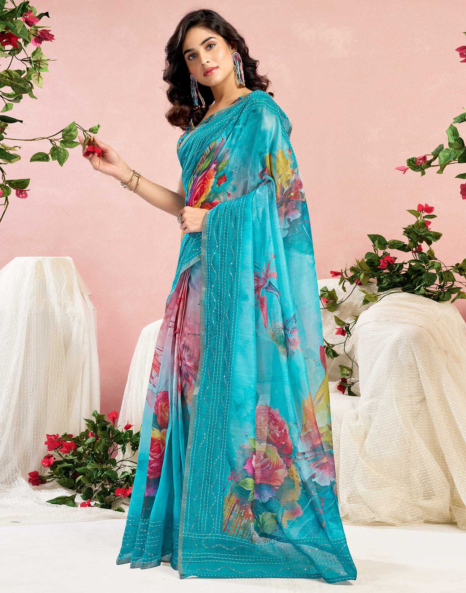 Ready To Wear Blue Chanderi Embroidery Floral Printed Saree