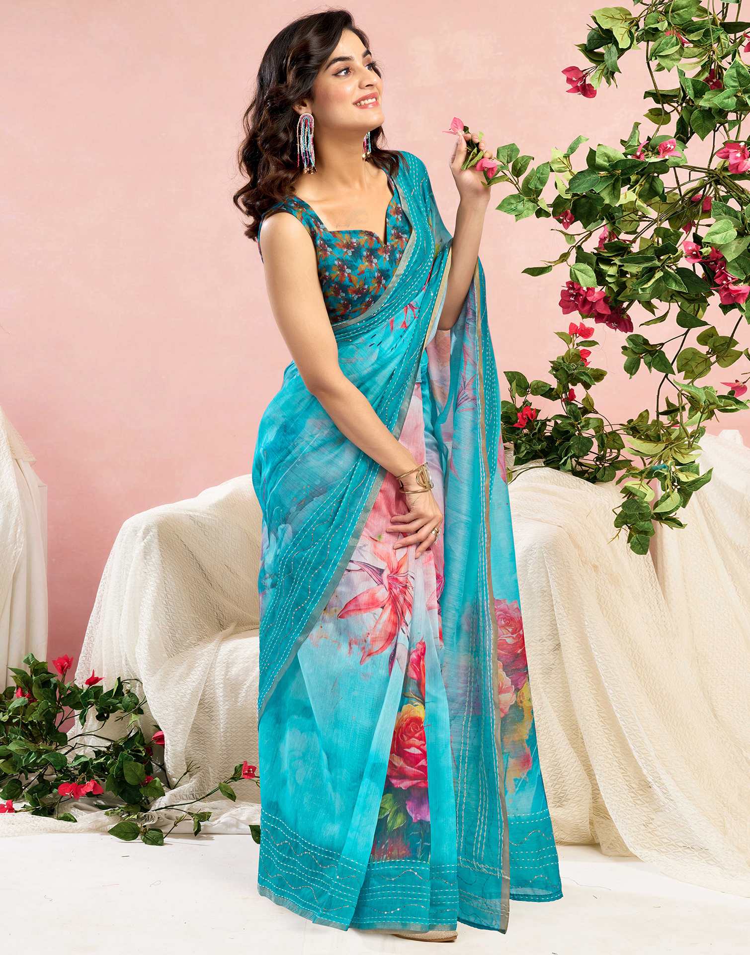 Ready To Wear Blue Chanderi Embroidery Floral Printed Saree