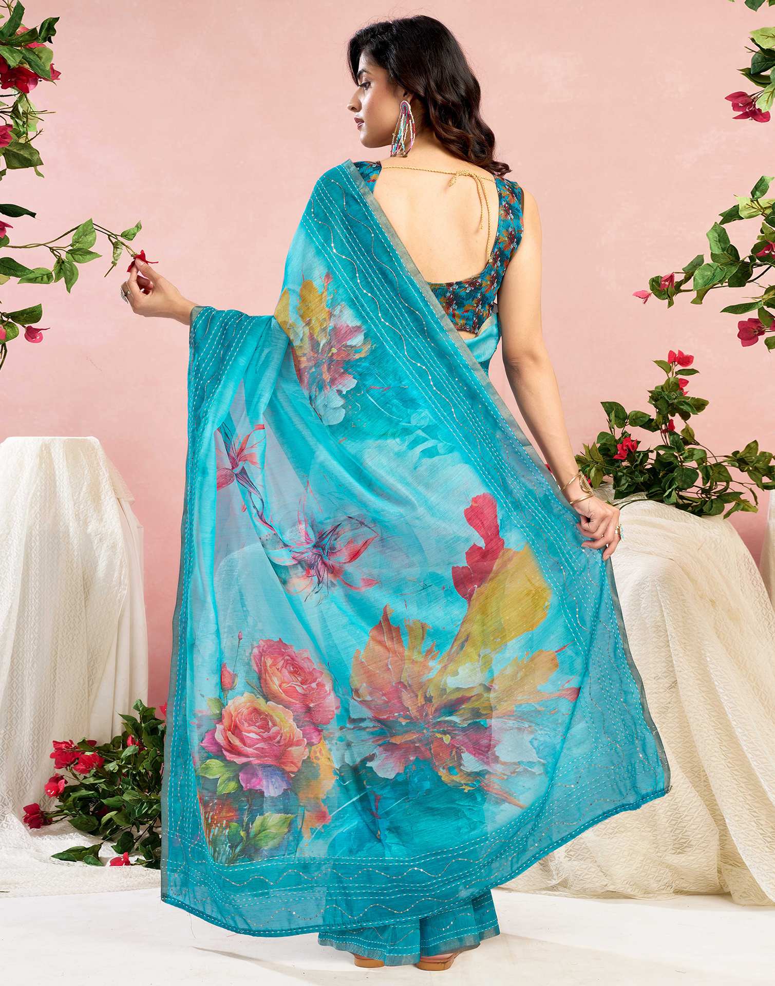 Ready To Wear Blue Chanderi Embroidery Floral Printed Saree