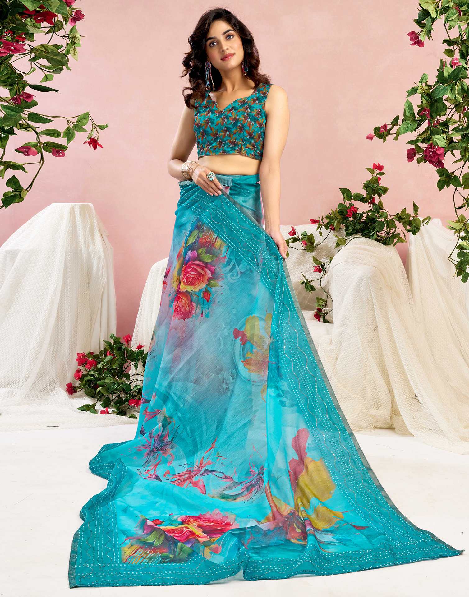 Ready To Wear Blue Chanderi Embroidery Floral Printed Saree