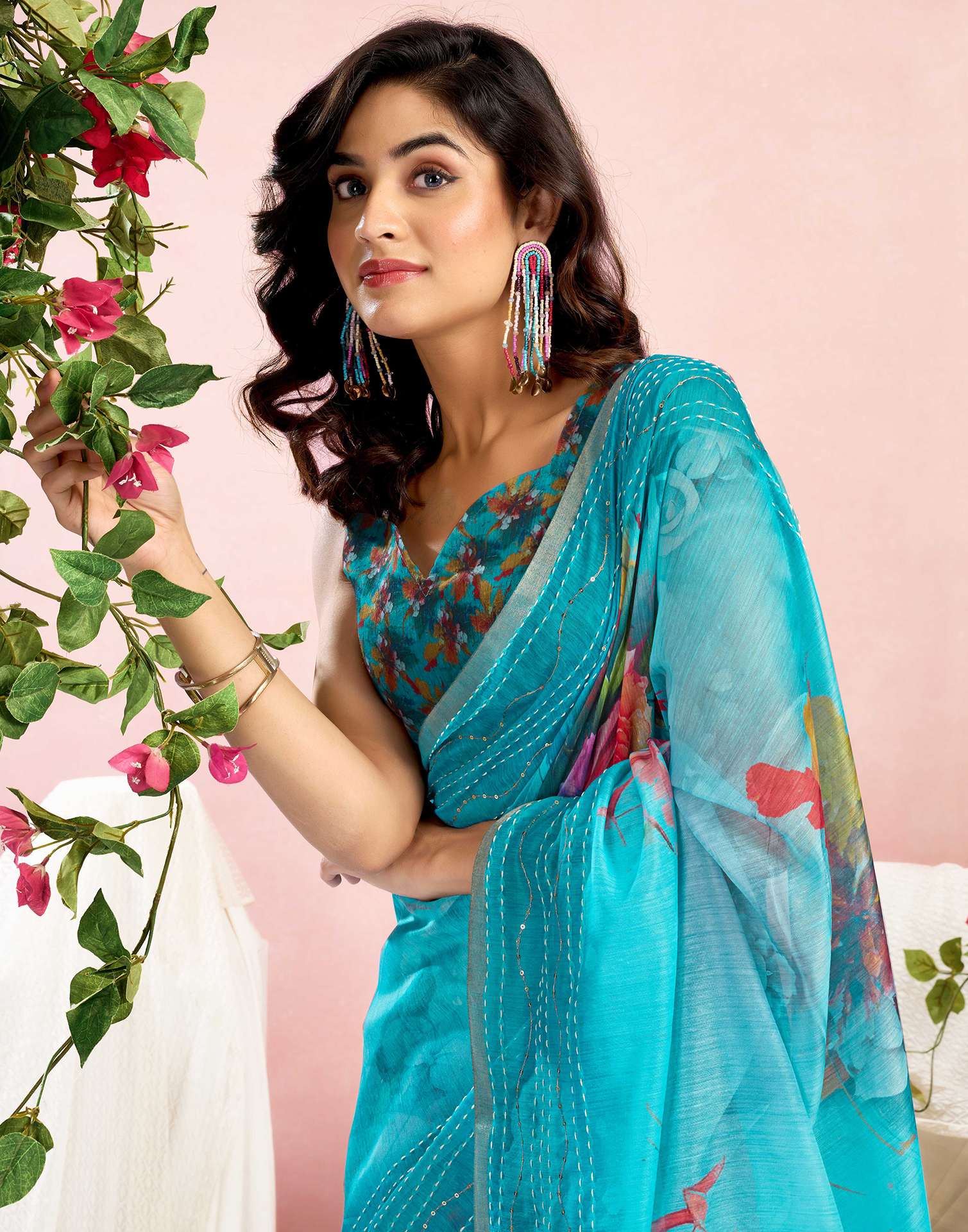 Ready To Wear Blue Chanderi Embroidery Floral Printed Saree