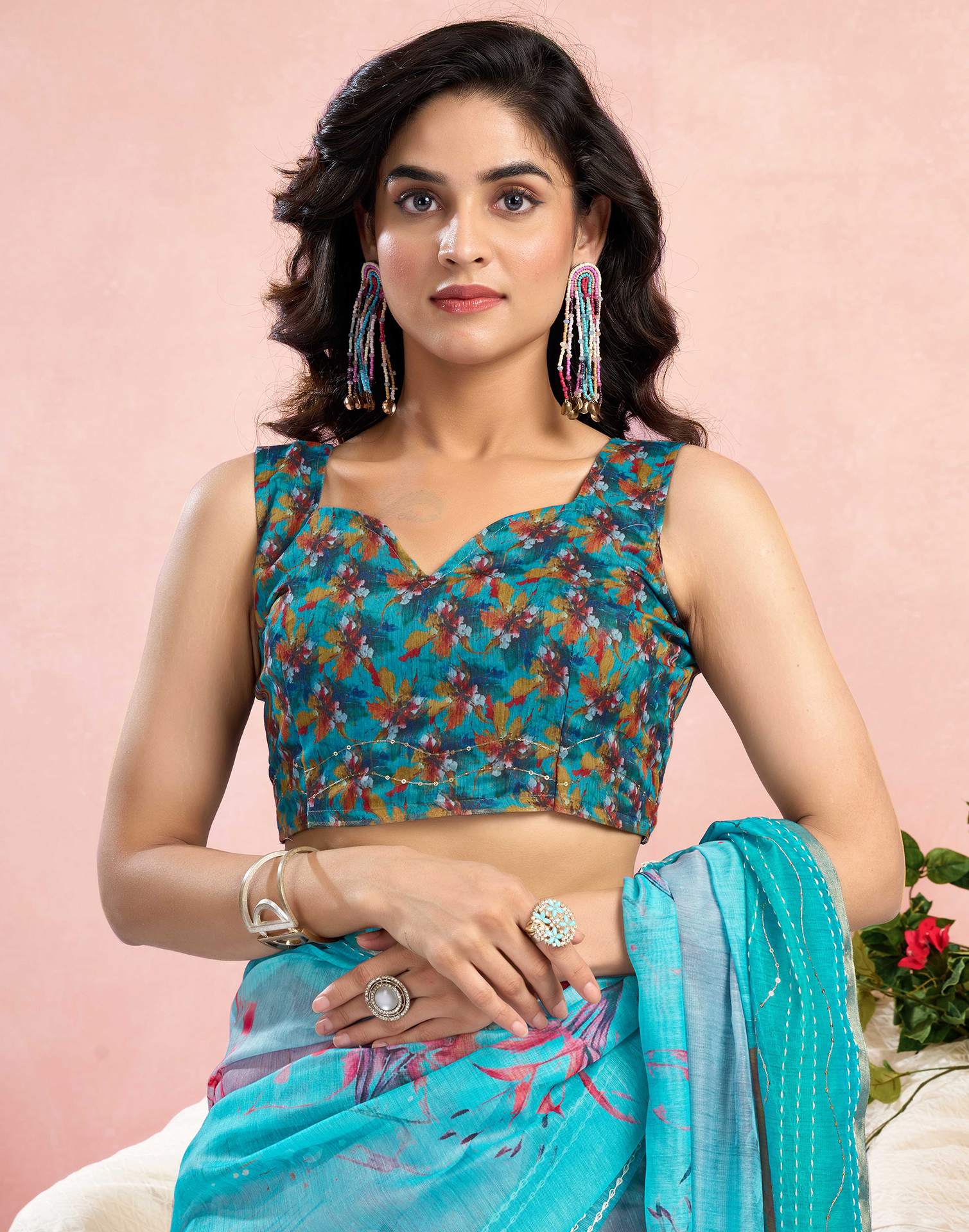Ready To Wear Blue Chanderi Embroidery Floral Printed Saree