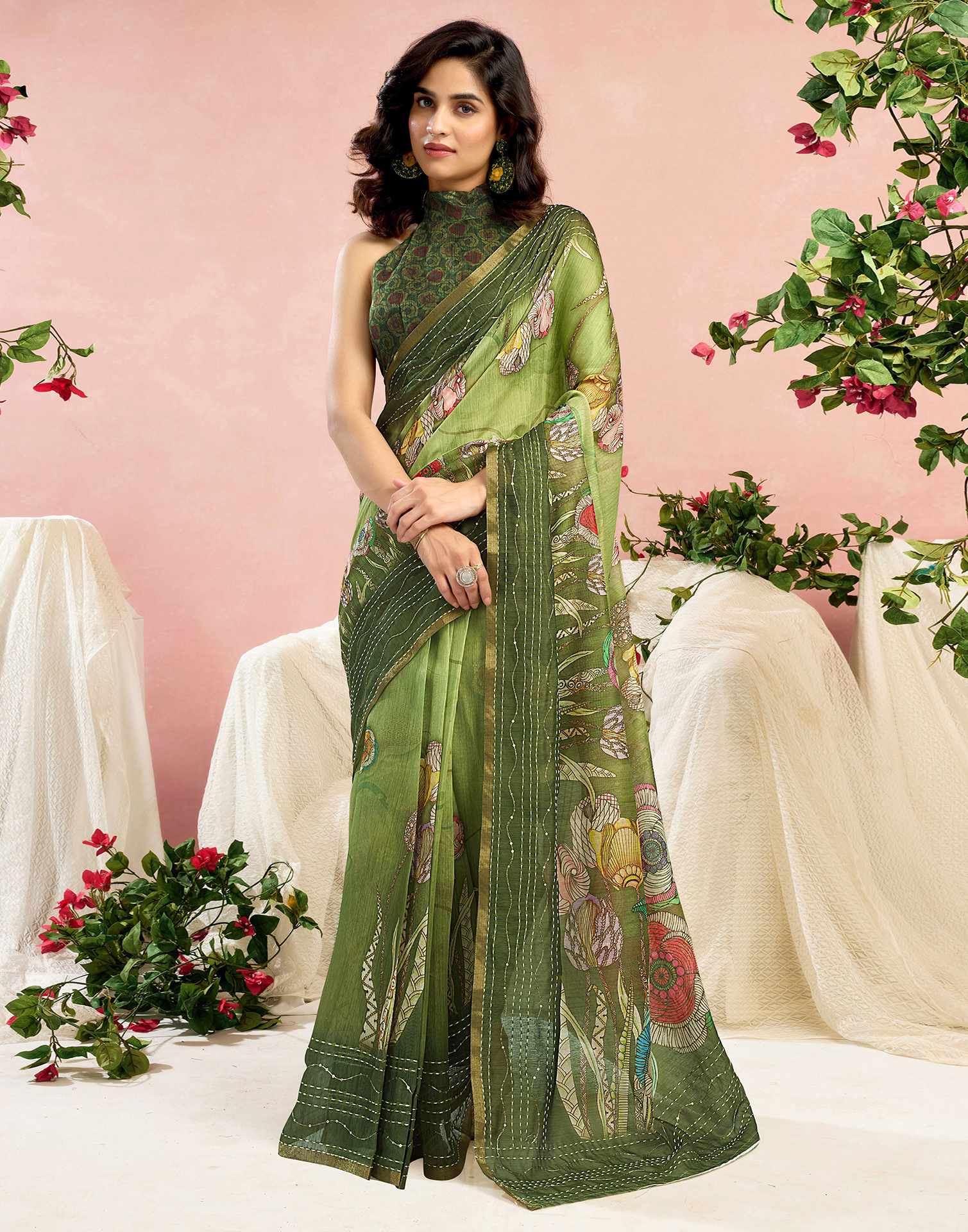 Ready To Wear Green Chanderi Embroidery Floral Printed Saree