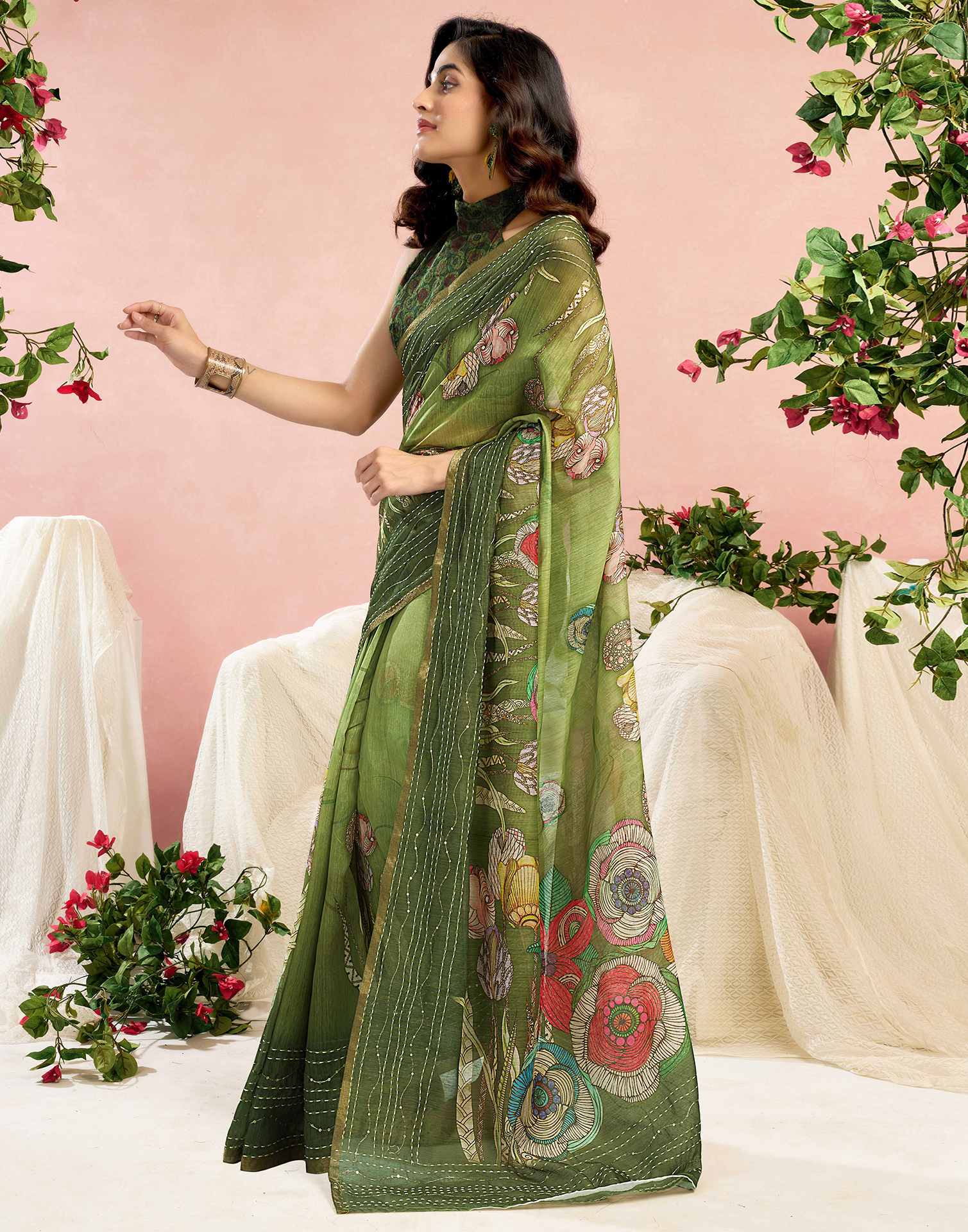 Ready To Wear Green Chanderi Embroidery Floral Printed Saree