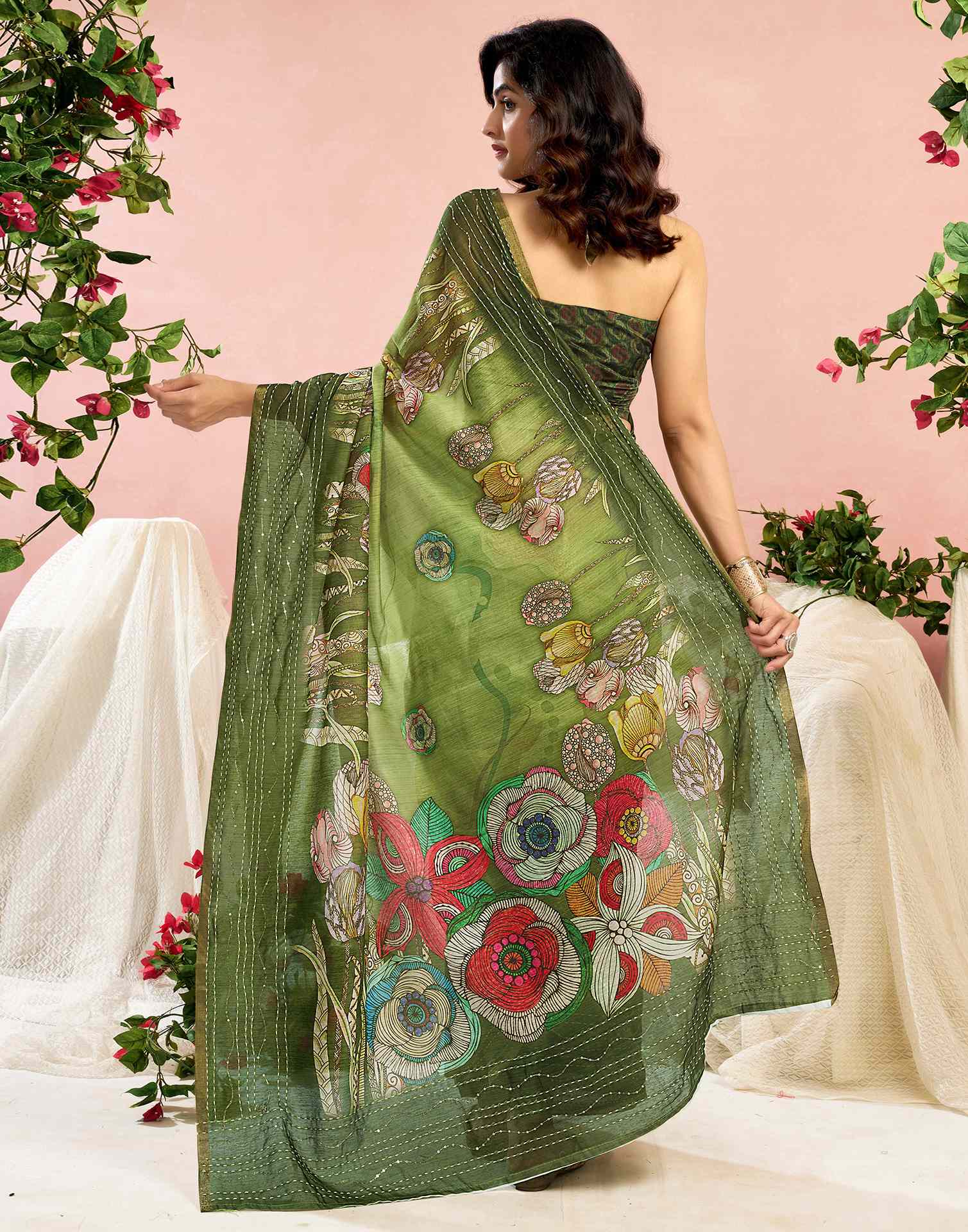 Ready To Wear Green Chanderi Embroidery Floral Printed Saree
