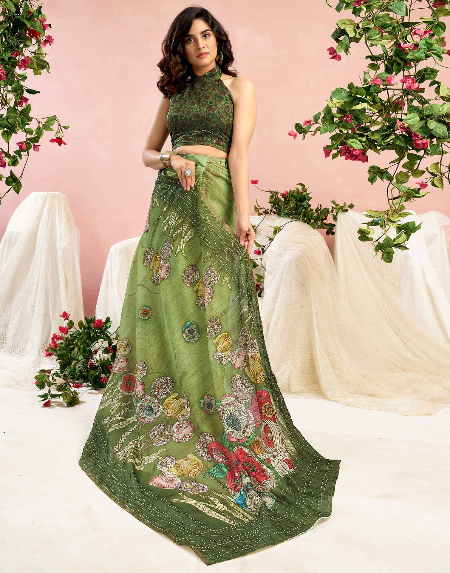 Ready To Wear Green Chanderi Embroidery Floral Printed Saree