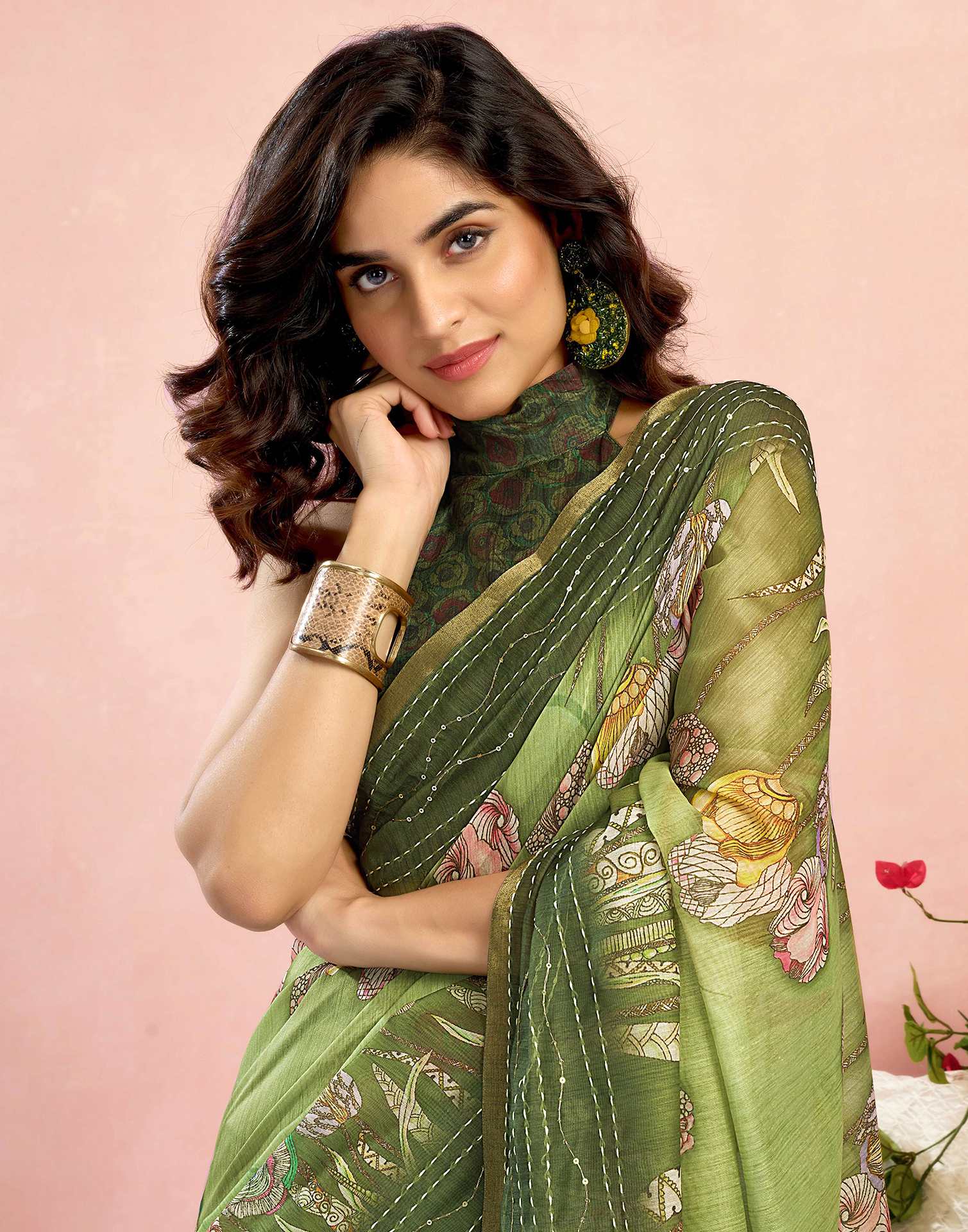 Ready To Wear Green Chanderi Embroidery Floral Printed Saree