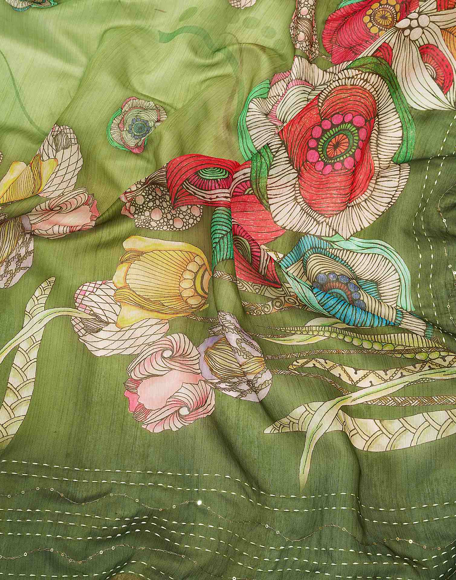 Ready To Wear Green Chanderi Embroidery Floral Printed Saree
