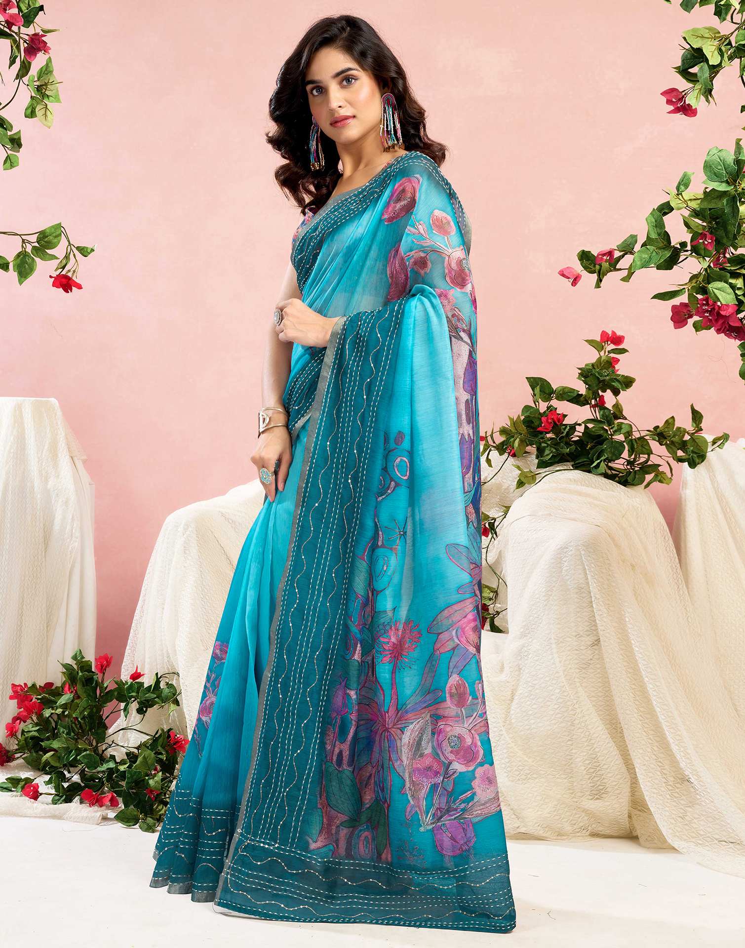 Ready To Wear Blue Chanderi Embroidery Floral Printed Saree
