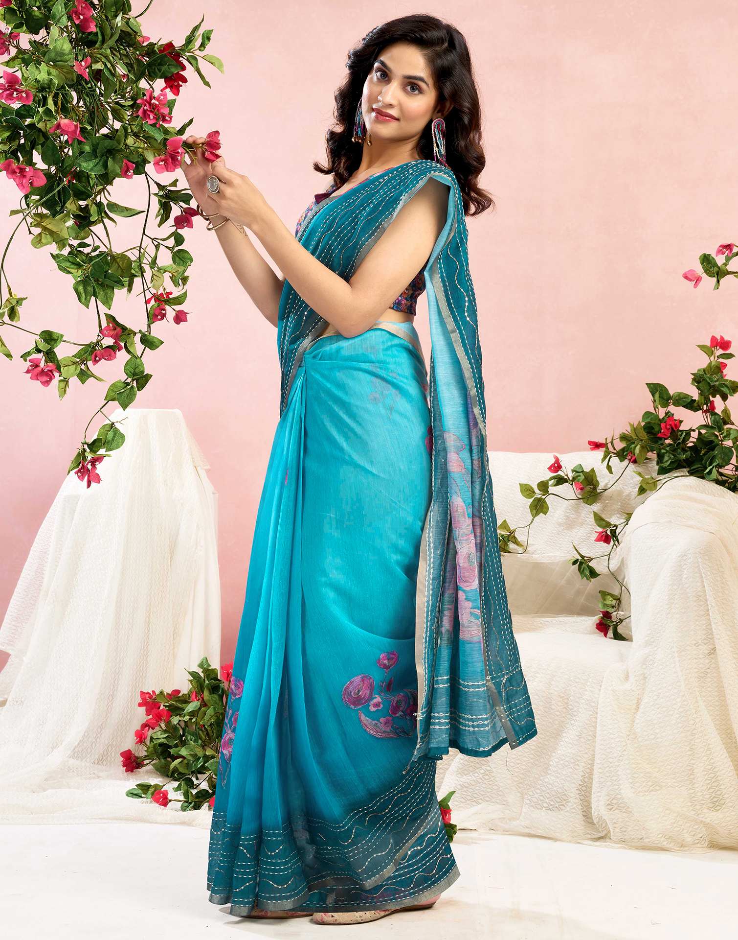 Ready To Wear Blue Chanderi Embroidery Floral Printed Saree
