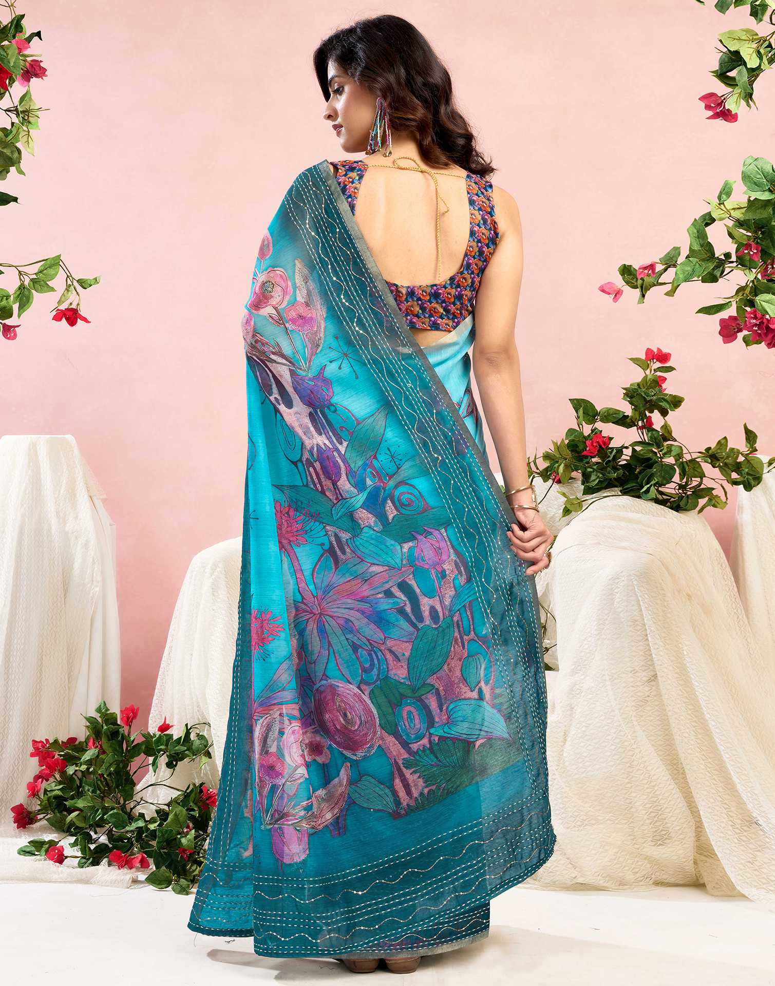 Ready To Wear Blue Chanderi Embroidery Floral Printed Saree