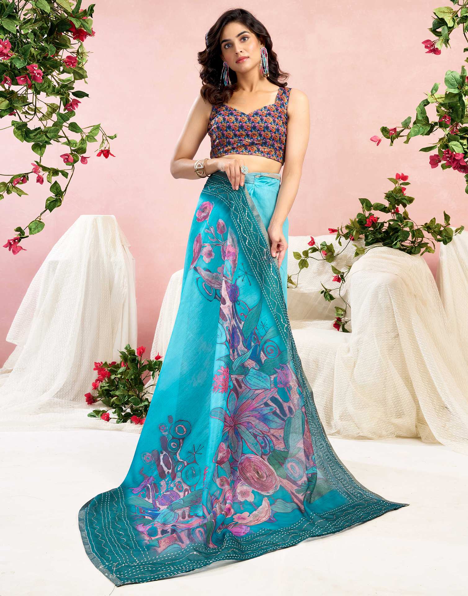 Ready To Wear Blue Chanderi Embroidery Floral Printed Saree