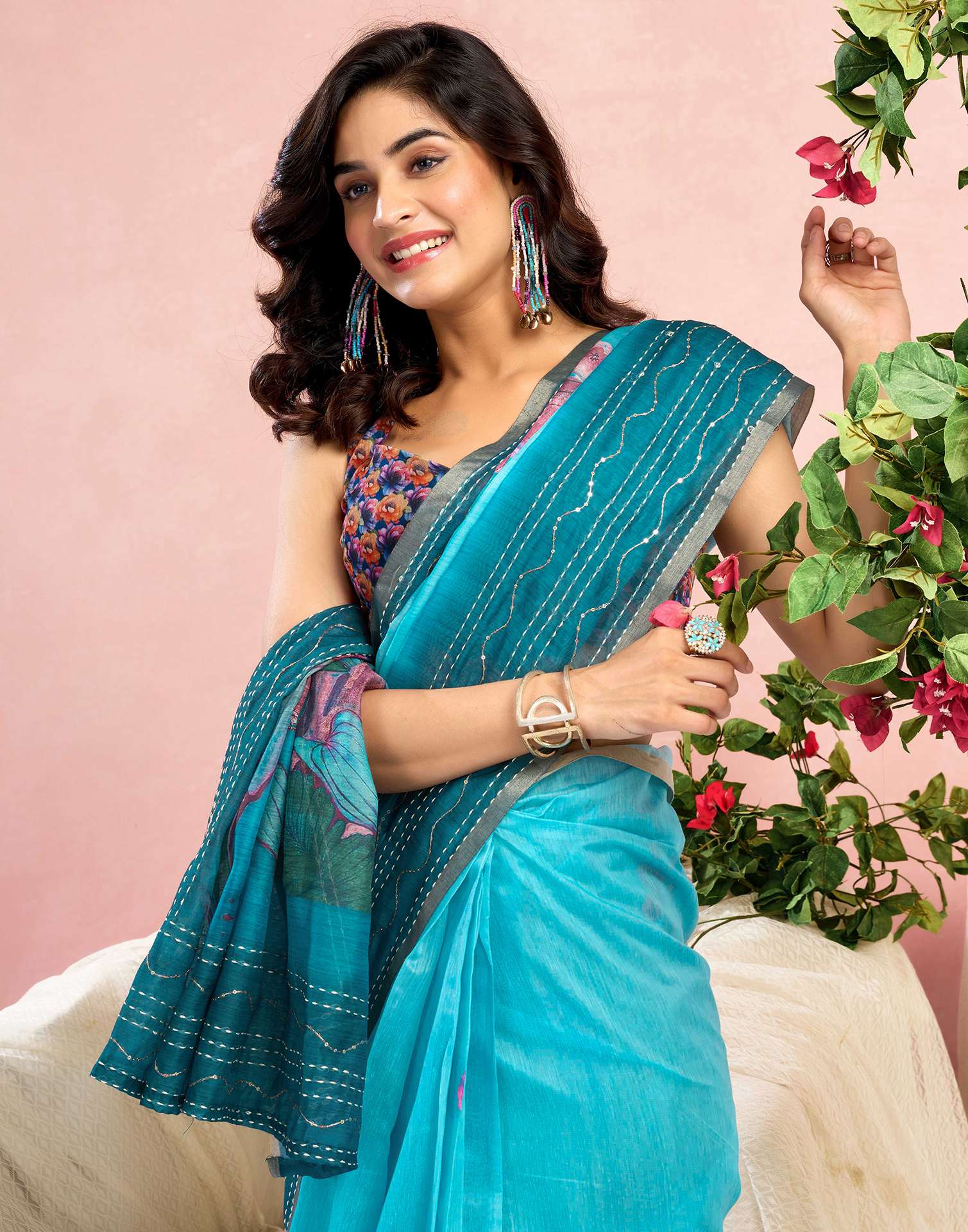 Ready To Wear Blue Chanderi Embroidery Floral Printed Saree