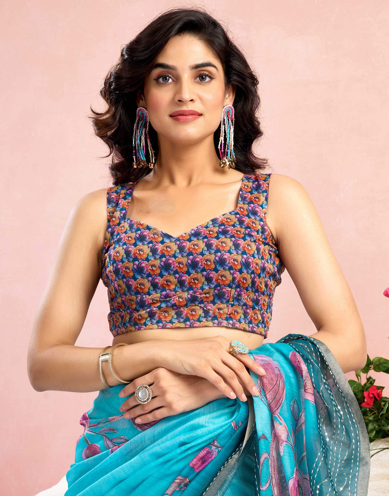 Ready To Wear Blue Chanderi Embroidery Floral Printed Saree