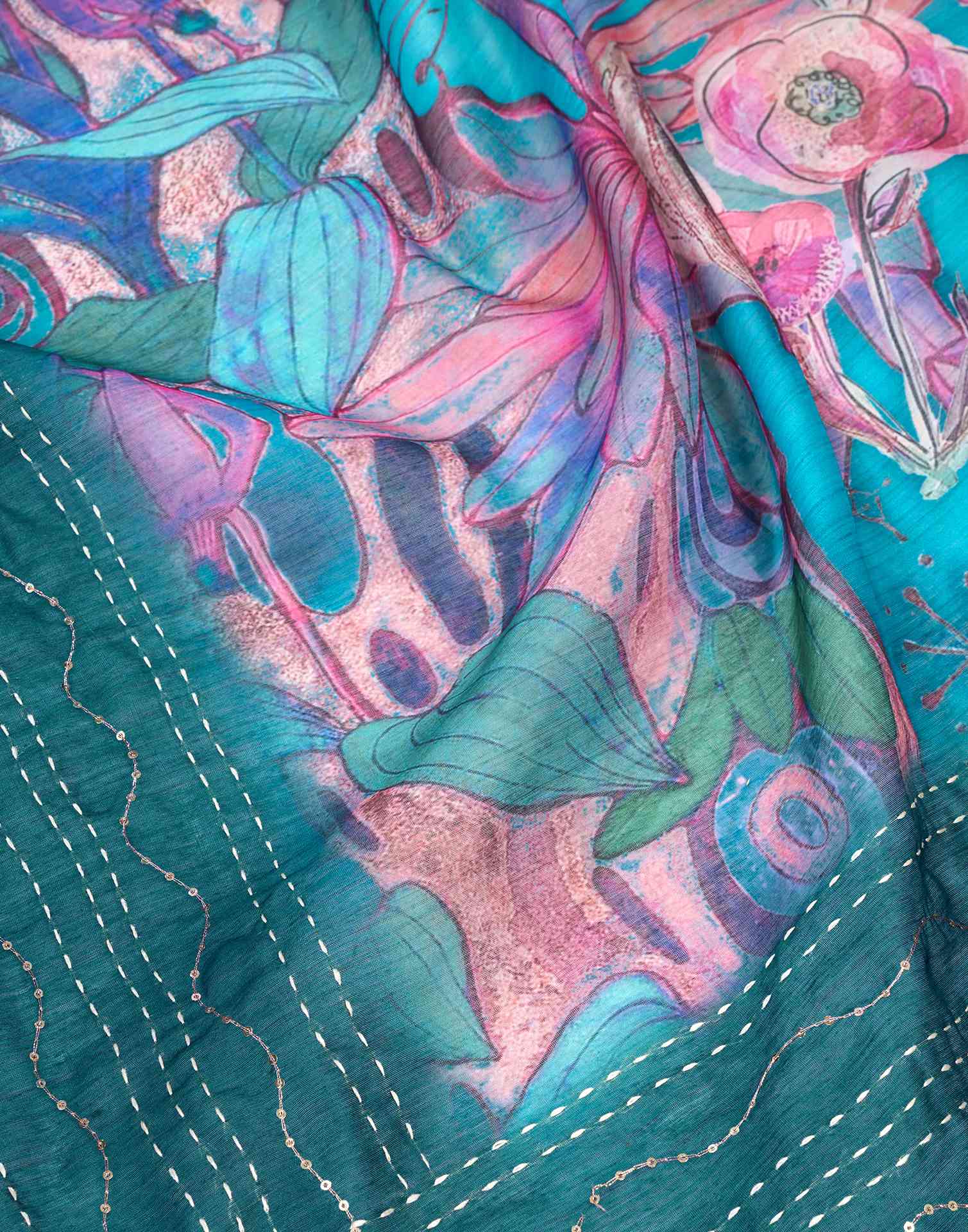 Ready To Wear Blue Chanderi Embroidery Floral Printed Saree