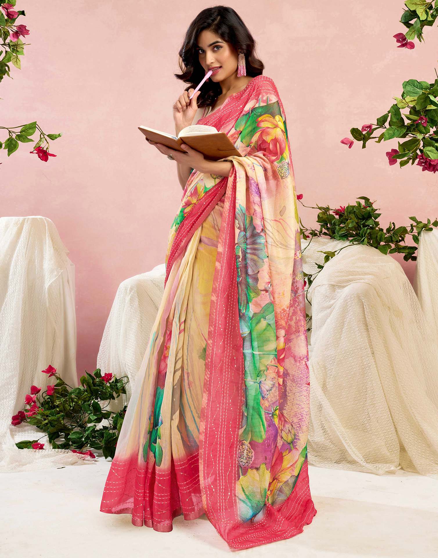 Ready To Wear Red Chanderi Embroidery Floral Printed Saree