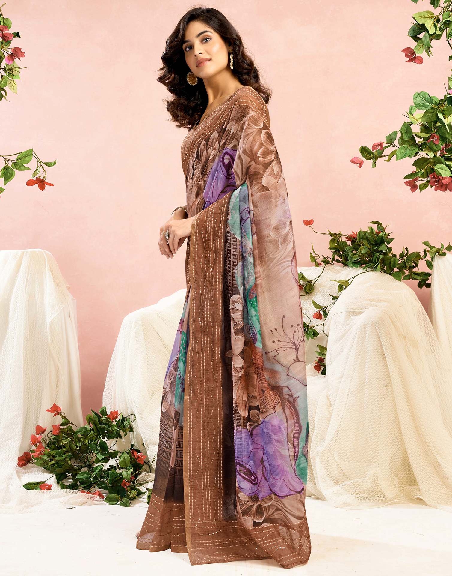 Ready To Wear Brown Chanderi Embroidery Floral Printed Saree