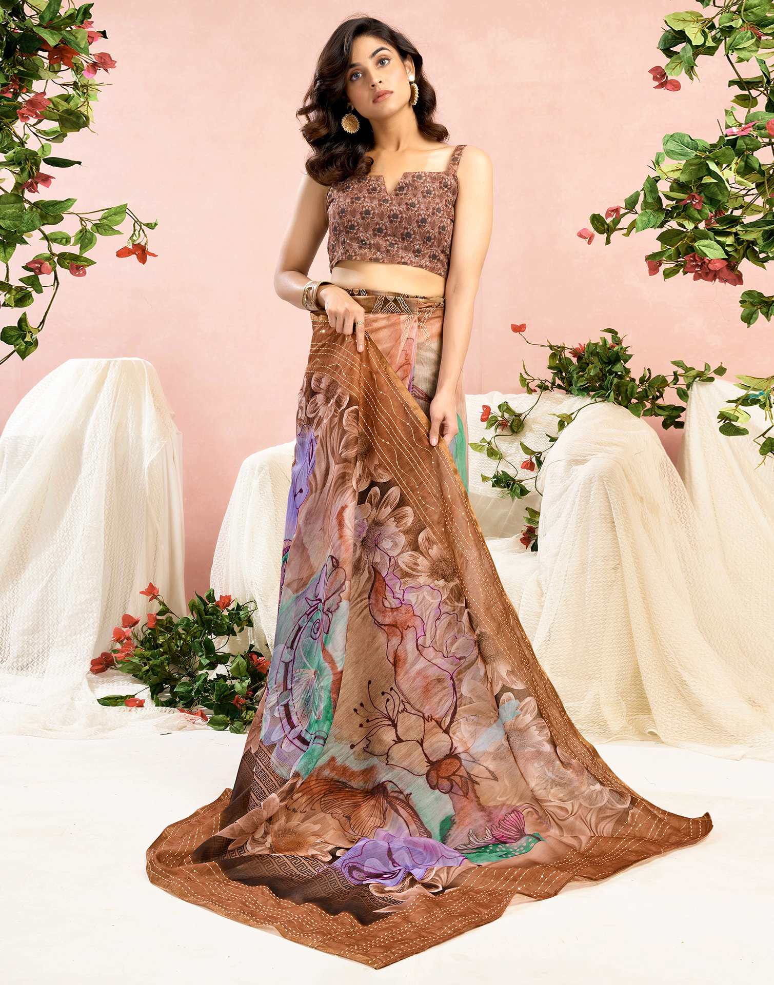 Ready To Wear Brown Chanderi Embroidery Floral Printed Saree