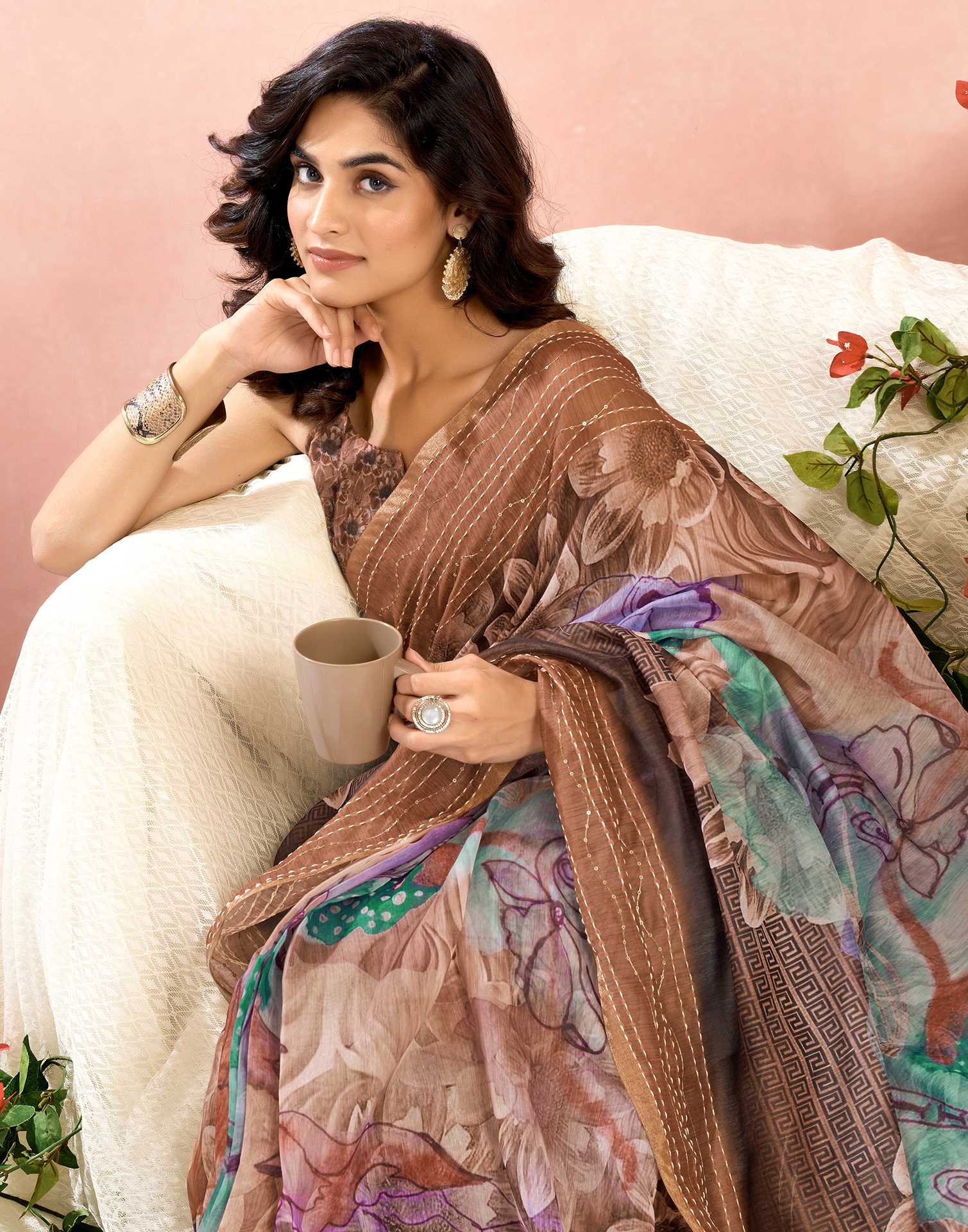 Ready To Wear Brown Chanderi Embroidery Floral Printed Saree