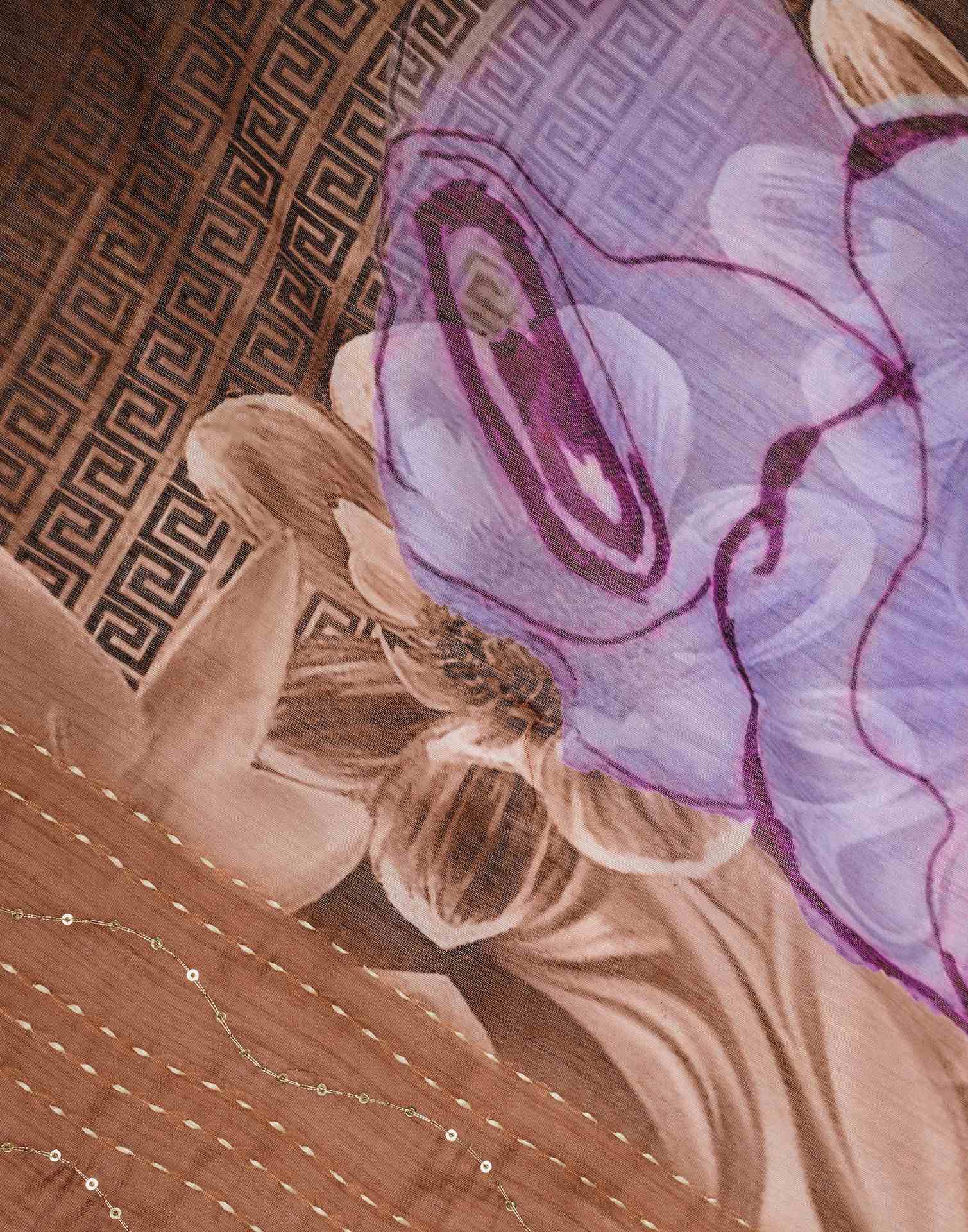 Ready To Wear Brown Chanderi Embroidery Floral Printed Saree