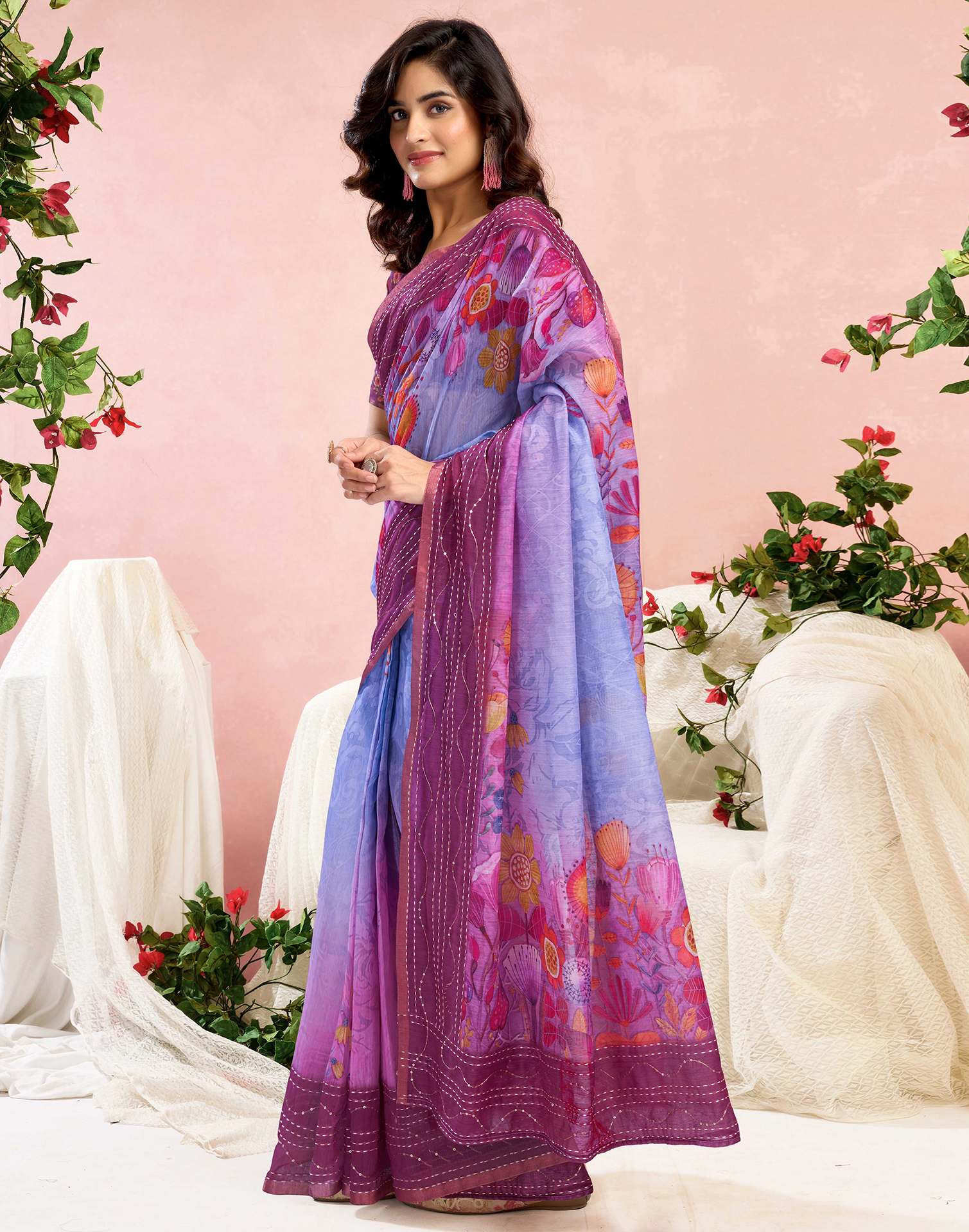 Ready To Wear Magenta Chanderi Embroidery Floral Printed Saree